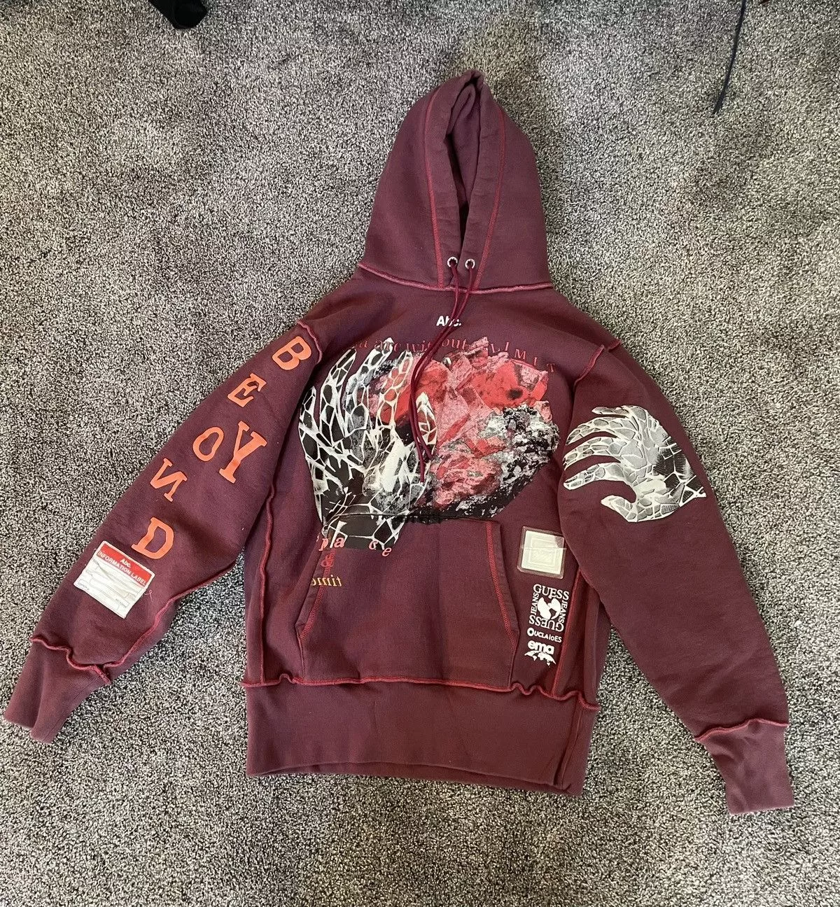 Advisory Board Crystals Sweatshirts Hoodies Advisory Board Crystals × Guess ABC rare guess collaboration maroon hands hoodie Red