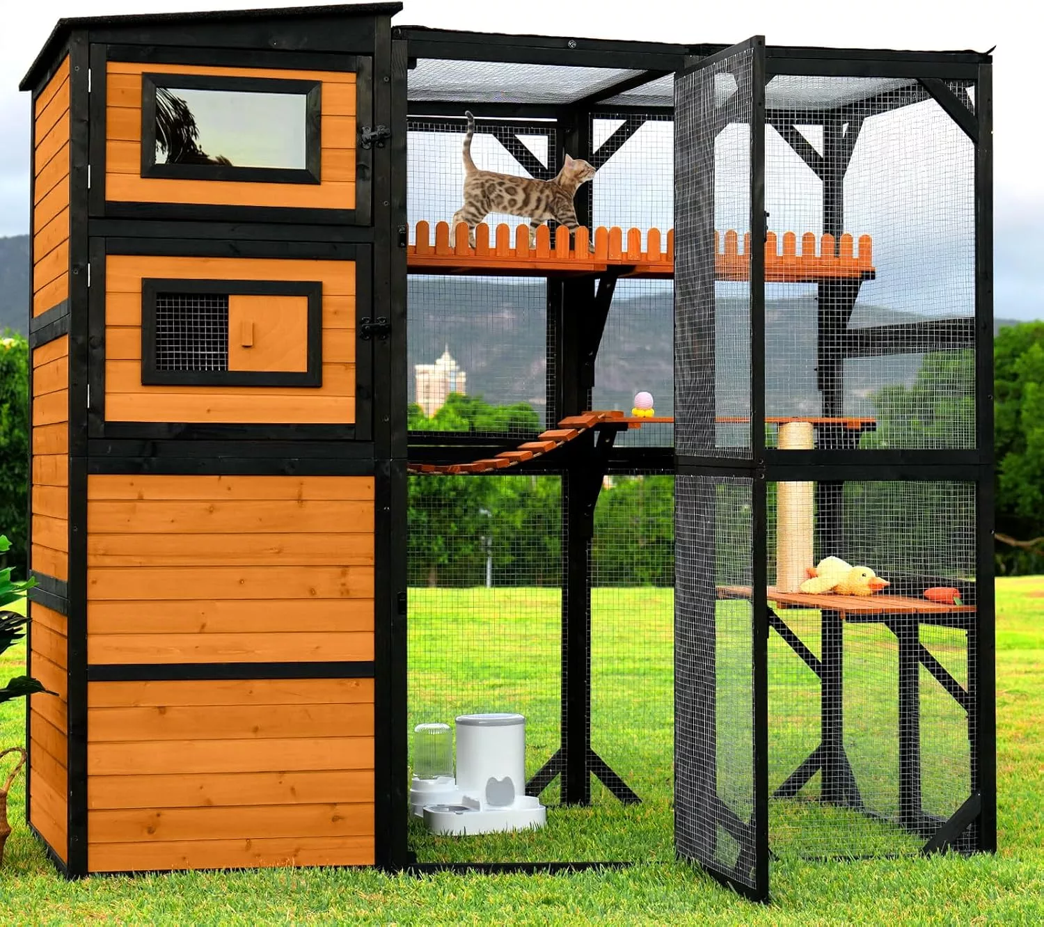 Lovinhut Outdoor Cat Enclosure Catio 4 Tiers Wood Cat House with Weatherproof Roof Platforms Scratching Pole Bridge