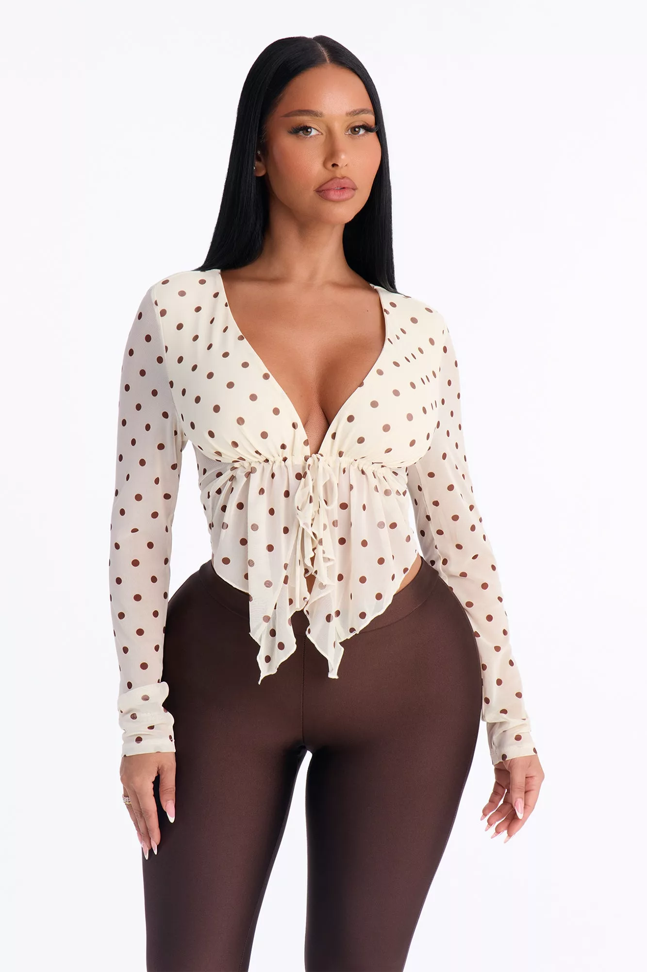 Melissa Polka Dot Ruffle Mesh Flyaway Top - Cream/combo