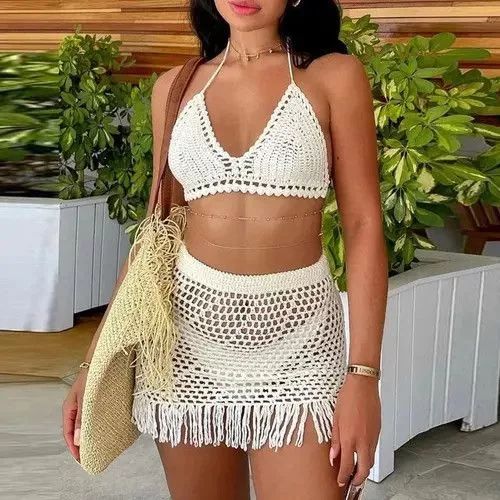Designer Bodysuits Designer Summer Beach Outfit Women (Bra top+Tassel Skirt) White Streetwear