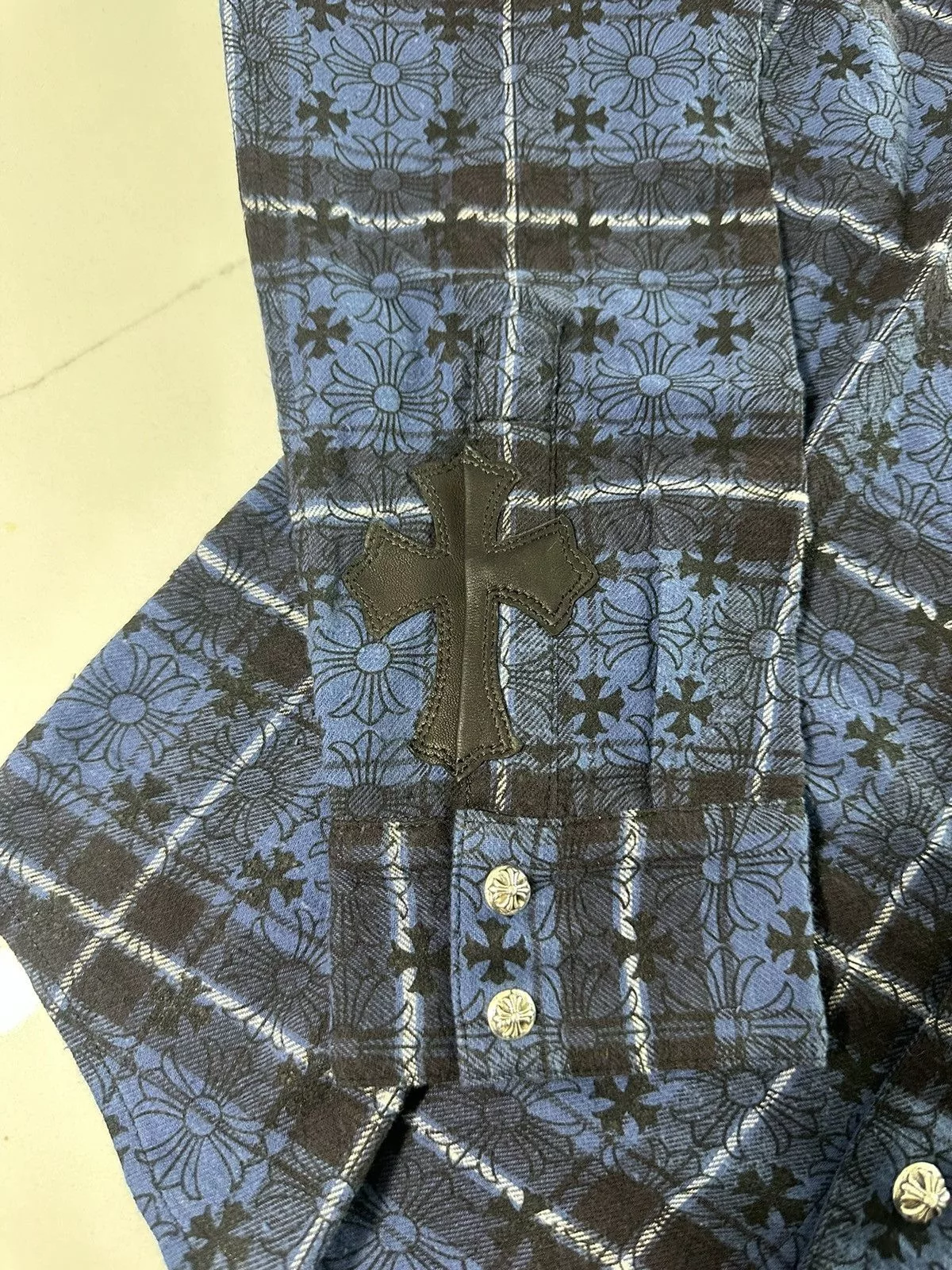 Chrome Hearts Shirts Button Ups 🔥Chrome Hearts Blue Cross Print Silver Button Shirt🔥