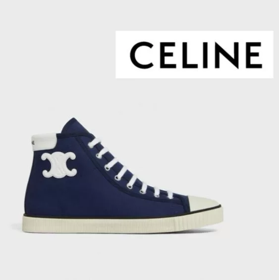 Celine Hi Top Sneakers Celine o1bcso1str0724 Mid Lace Up Sneaker Canvas & Calfskin in Navy Blue