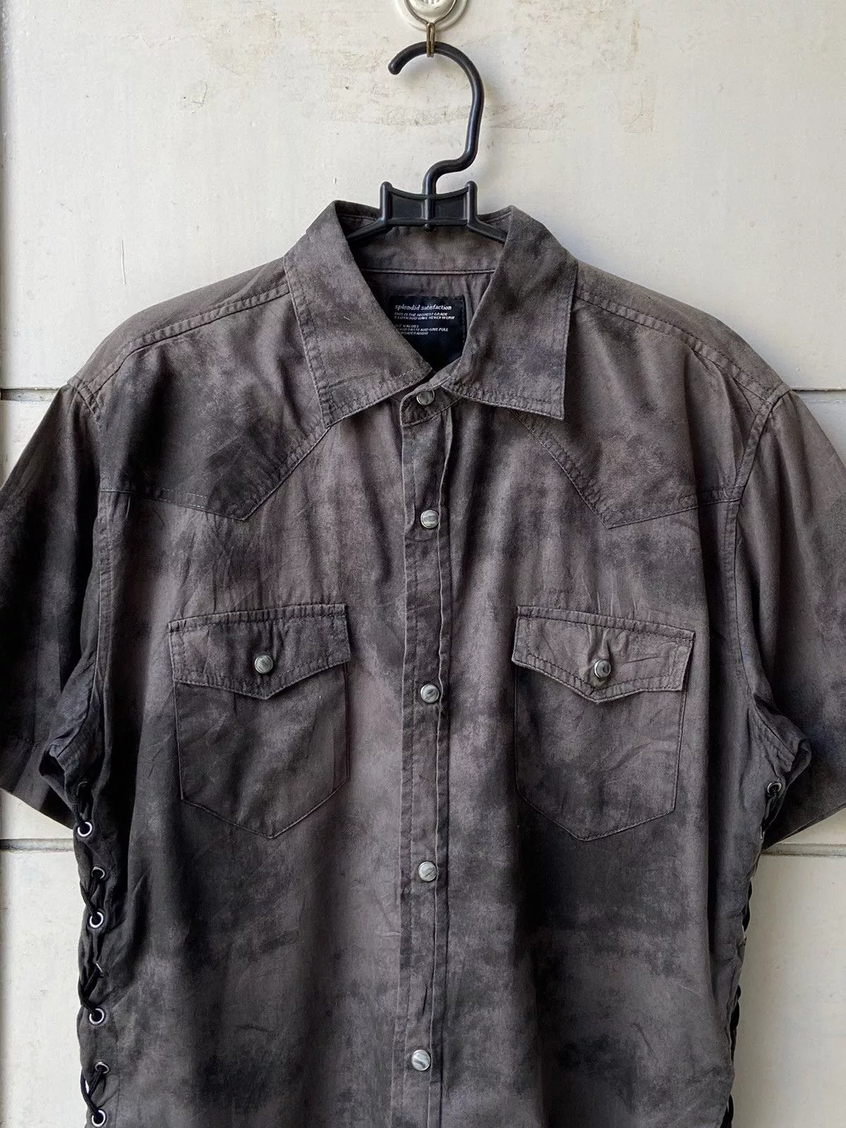 Designer Shirts Button Ups Designer × Japanese Brand × Seditionaries SPLENDID SATISFACTION Tie Dye Patterned Laces Shirt Black