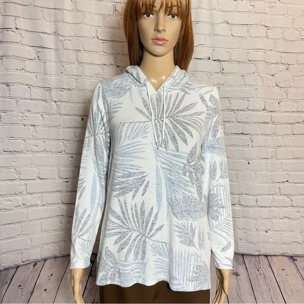 Chicos Sweaters Chicos Chico's White Blue Palm Leaves Hoodie Size 1 US M
