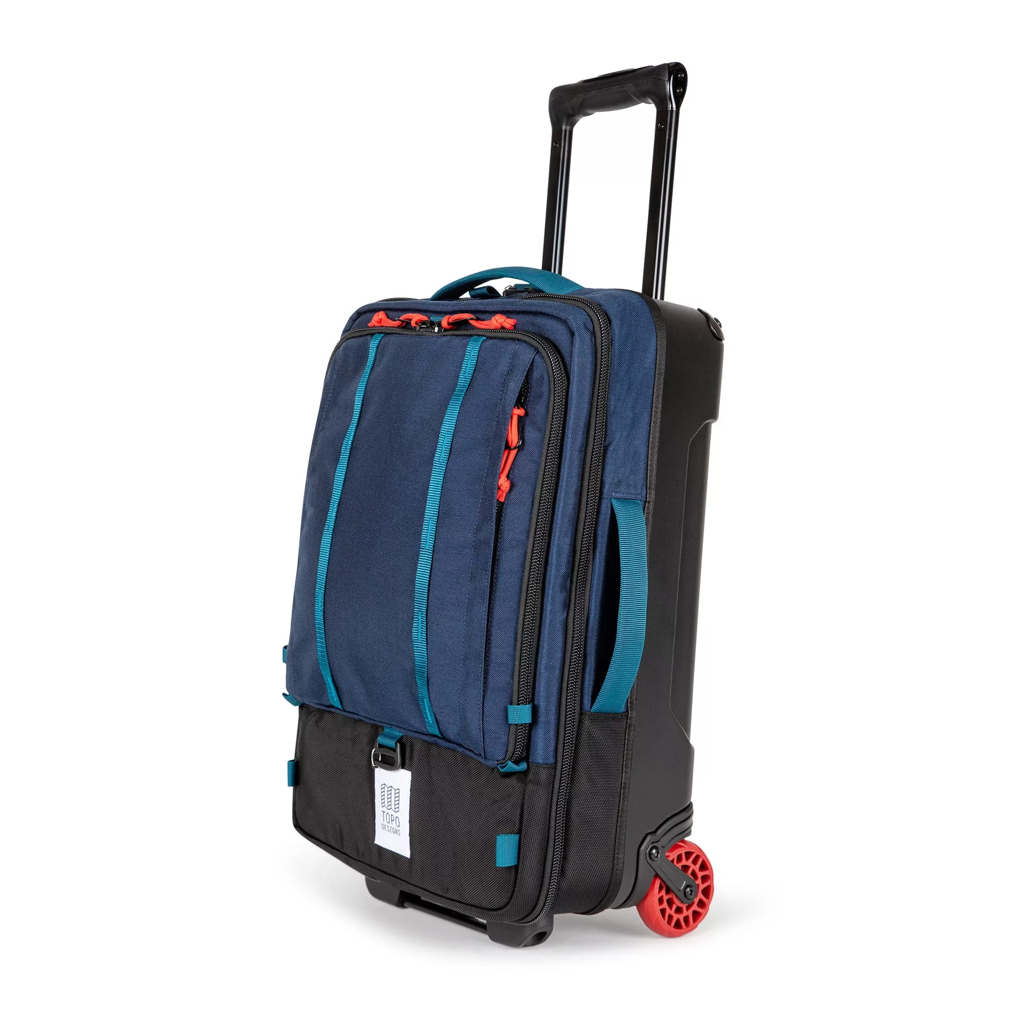 Telescoping collapsible handle on Topo Designs Global Travel Bag Roller durable carry-on convertible laptop backpack rolling suitcase in Navy blue.