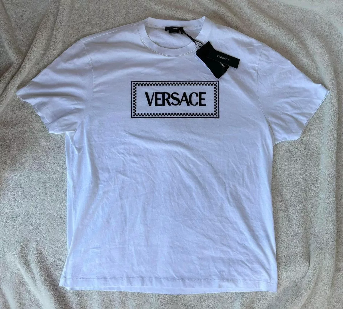 Versace Short Sleeve T Shirts Versace White/Black Box Logo Tee Shirt