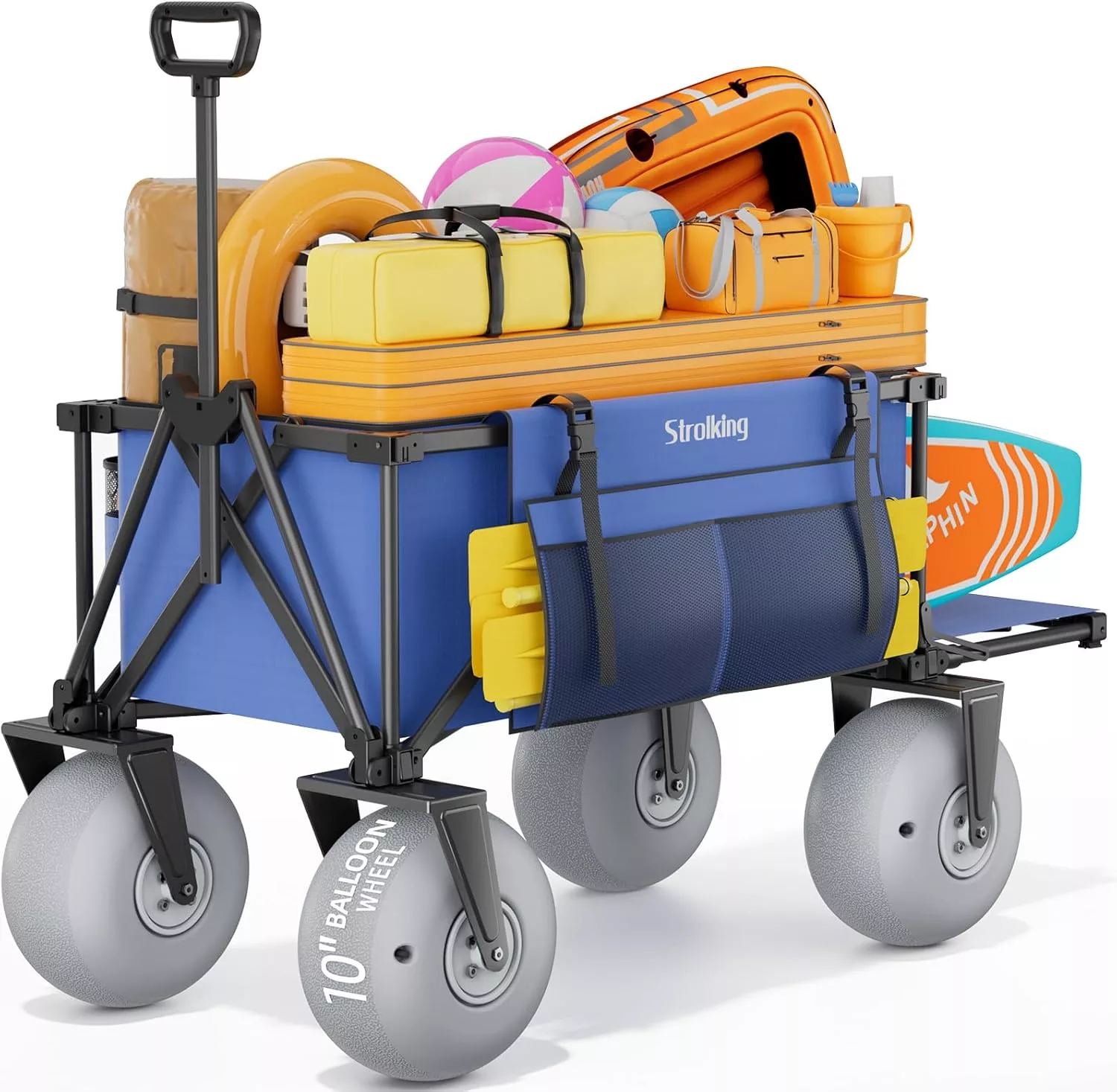 Beach Wagon 51" Foldable Cart with 10" PU Balloon Wheels 440lbs Capacity Rear Tailgate for Sand Grass Gravel