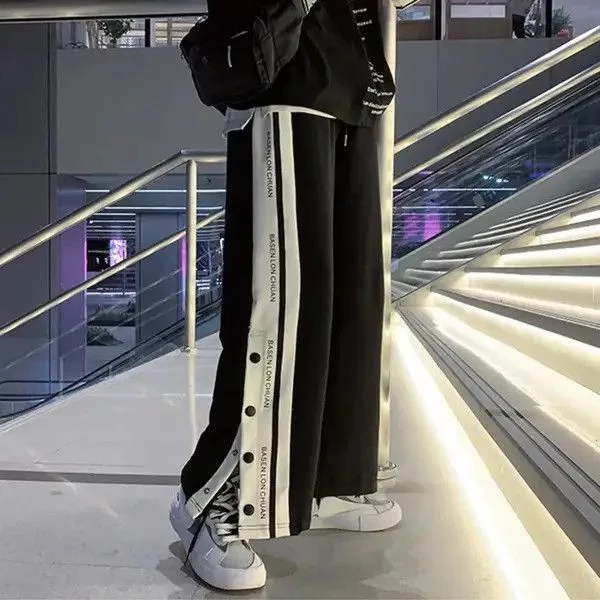 Jean Sweatpants Loose Side Split Buttons Black Avant-Garde