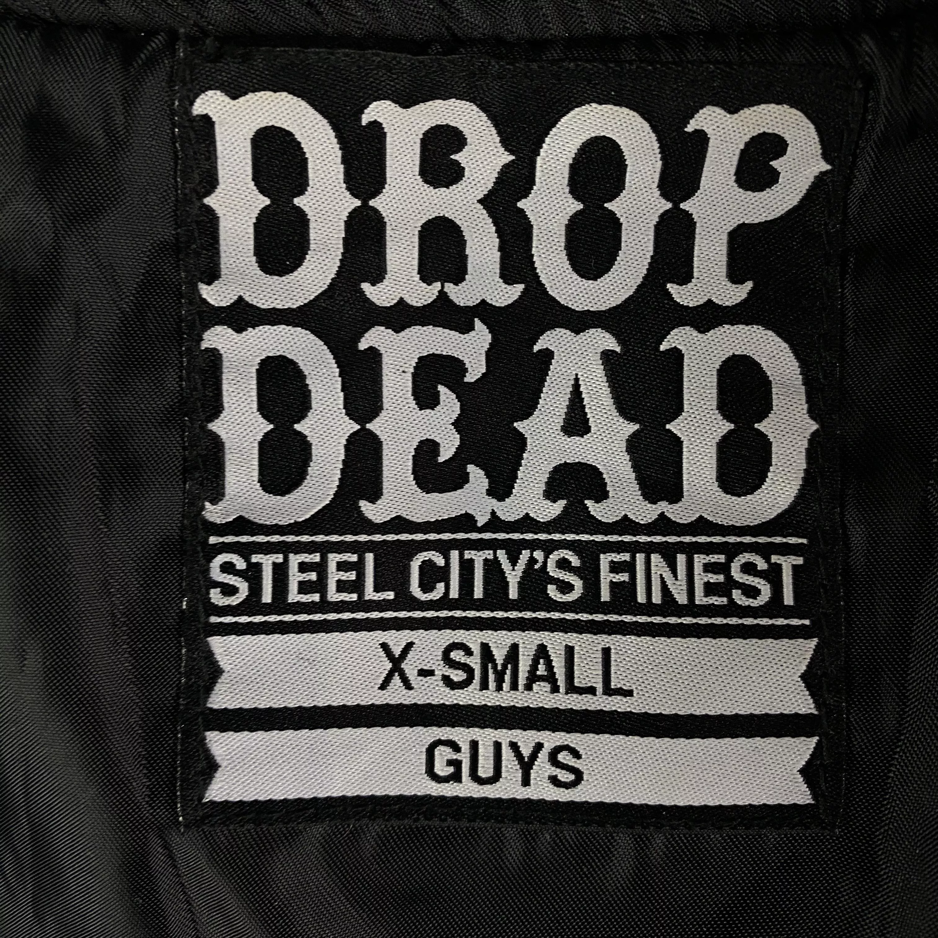 Drop Dead Bombers Drop Dead × Drop Dead Clothing Mens Sweater Bomber Jacket Drop Dead Guys Size XS Big Print Gray Streetwear