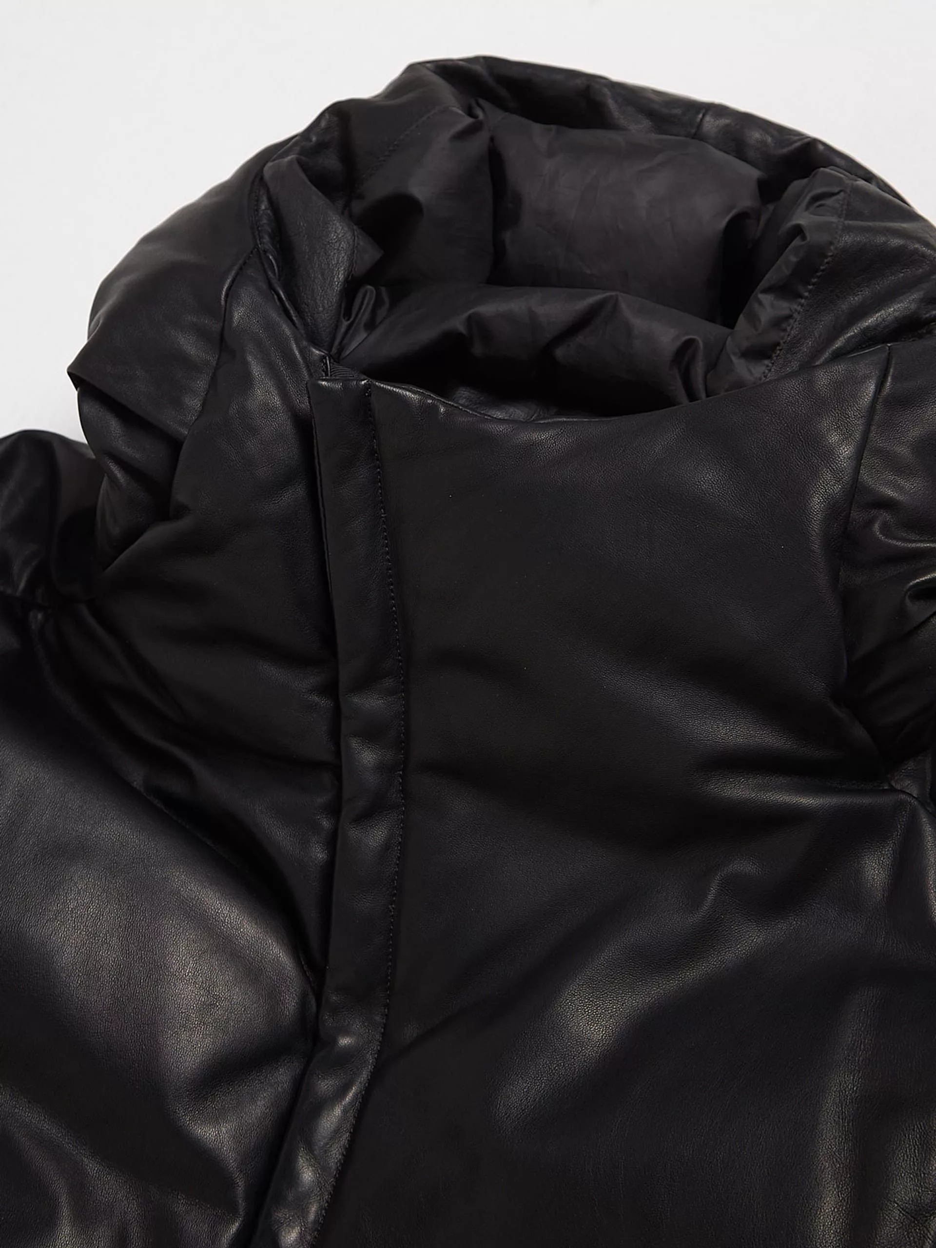 Attachment Parkas Attachment Black Leather Puffer Jacket