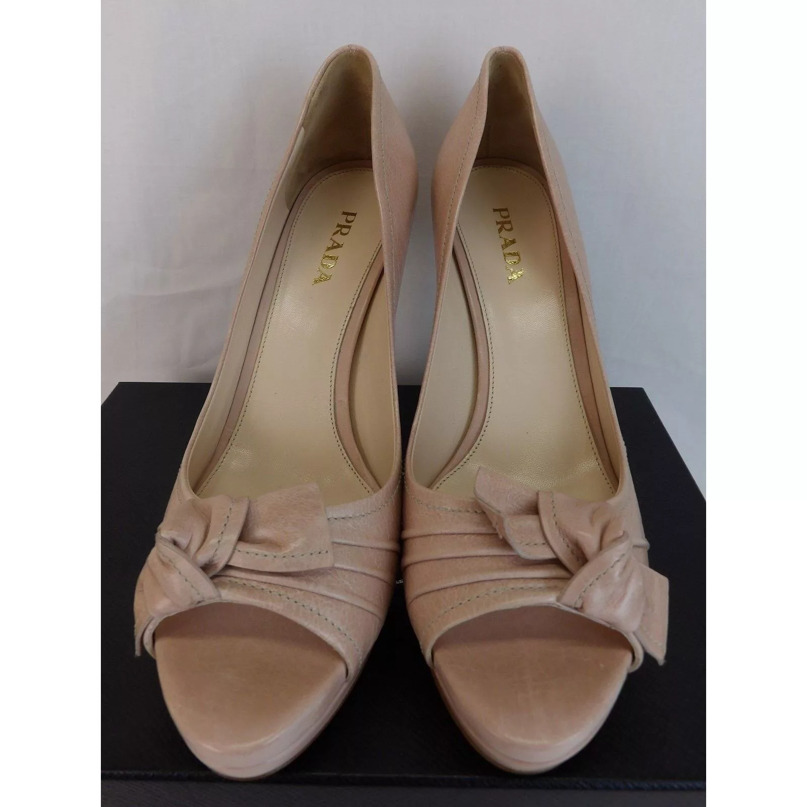 Prada Heels Prada DUSTY PINK DISTRESSED LEATHER BOW PLATFORM PEEP TOE PUMPS 40 Beige