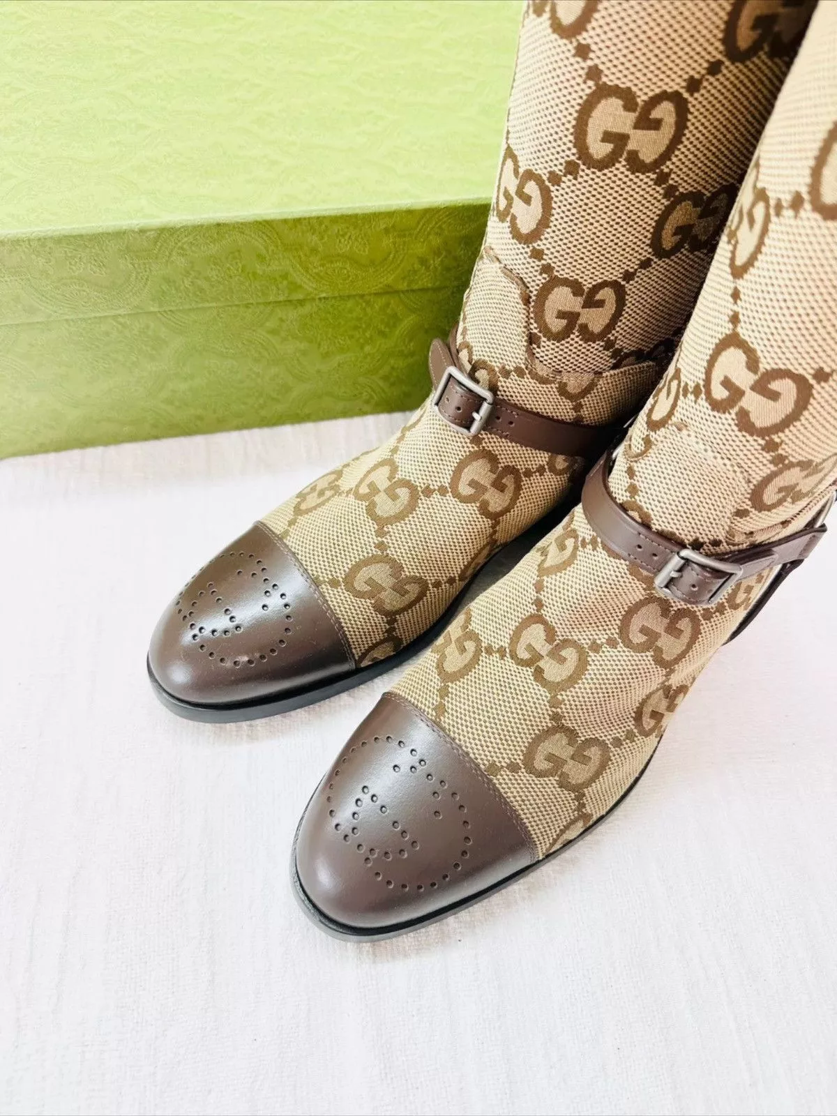 Gucci Boots Gucci GG CANVAS & LEATHER KNEE BOOTS Brown