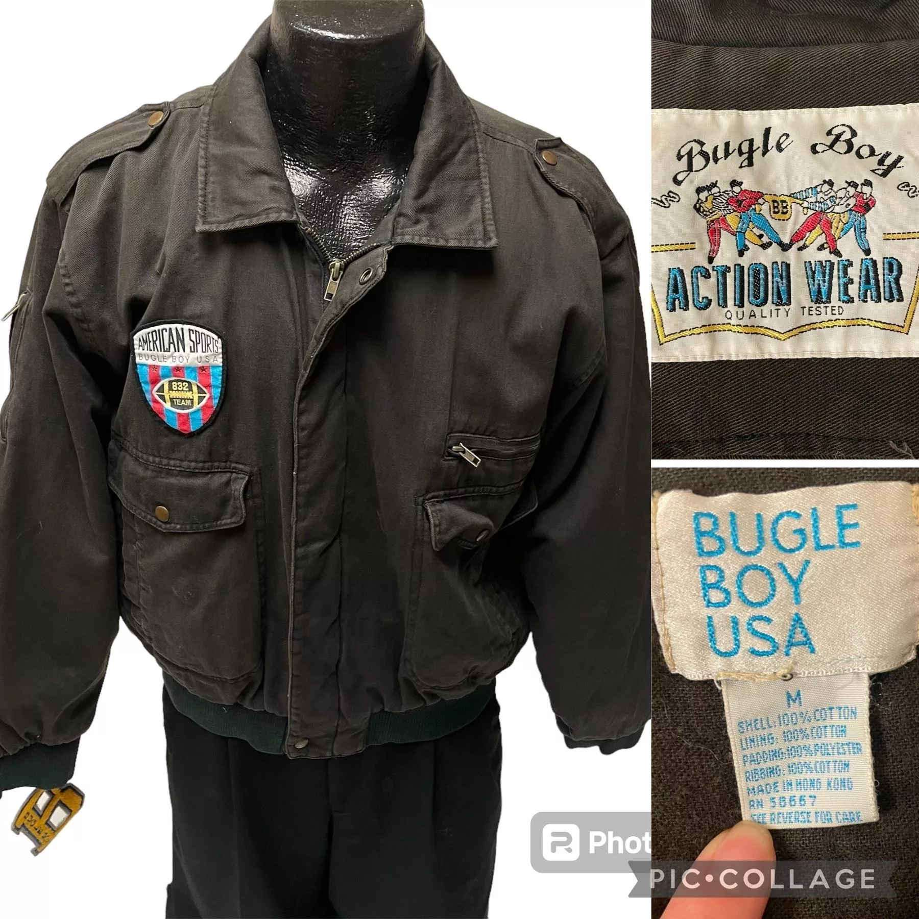 Bugle Boy Bombers Vtg Bugle Boy USA AMERICAN SPORTS Football Team Letterman Black