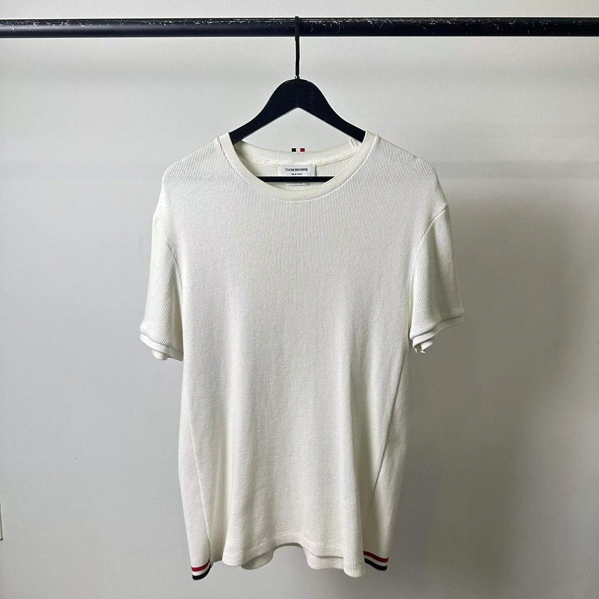 Thom Browne Short Sleeve T Shirts THOM BROWNE “SIDE STRIPES” WOOL T SHIRT White Luxury