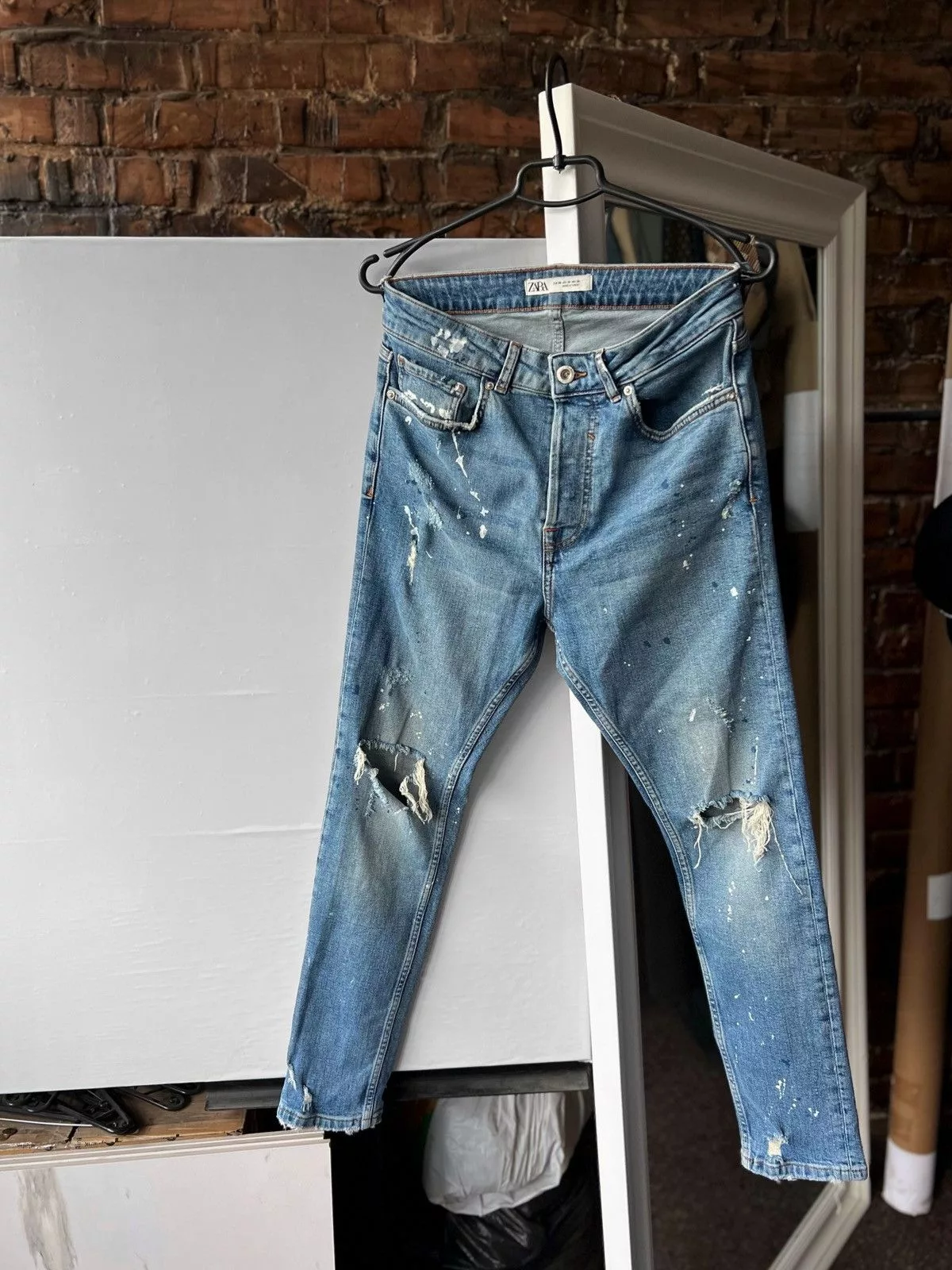 Zara Denim Zara Man Distressed Blue Denim Slim Stretch Jeans Button Streetwear