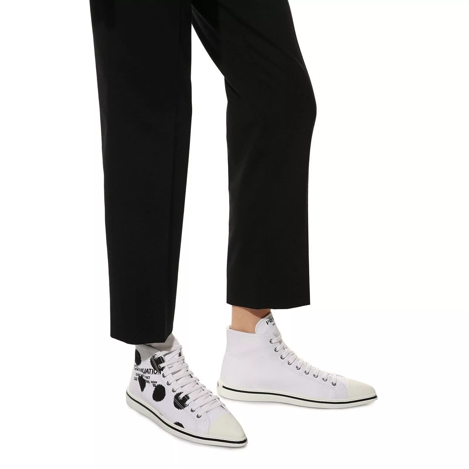 Prada Hi Top Sneakers Prada 1T618M WHITE BLACK POLKA CANVAS LOGO POINTY CAP SNEAKERS 38