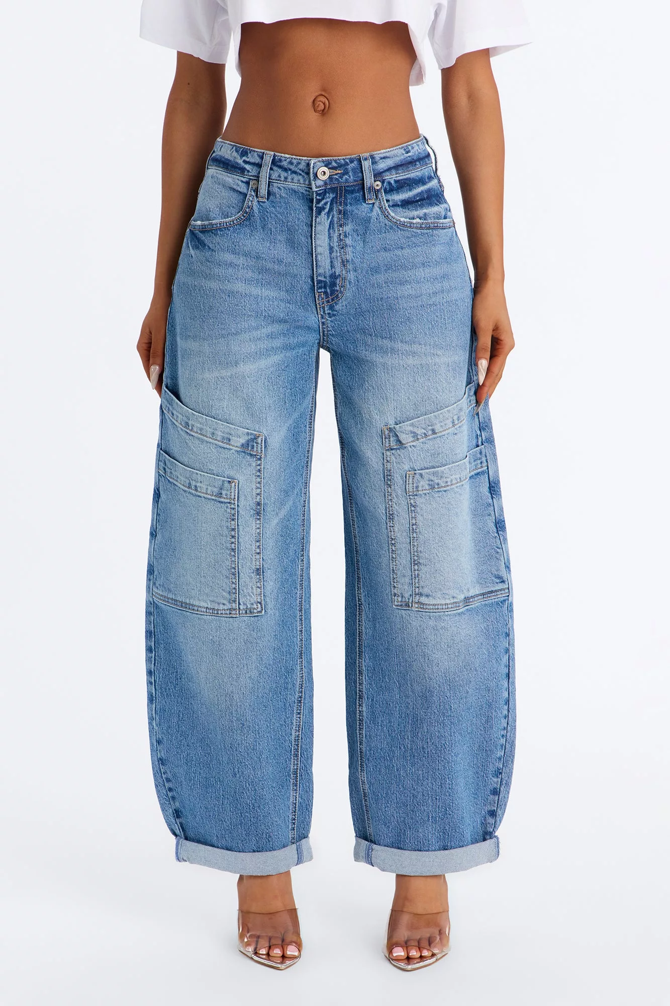 Easy To Please Baggy Cargo Jeans - Medium Wash