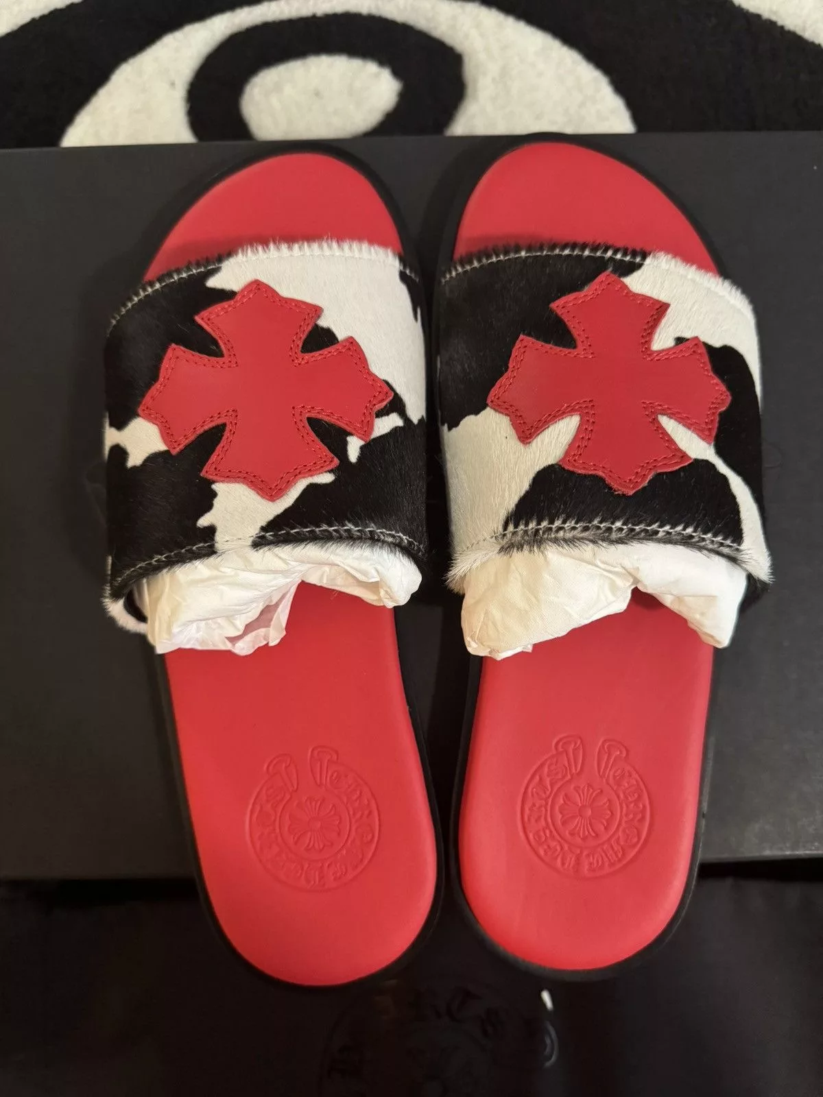 Chrome Hearts Slip Ons chrome hearts red cow patch slide