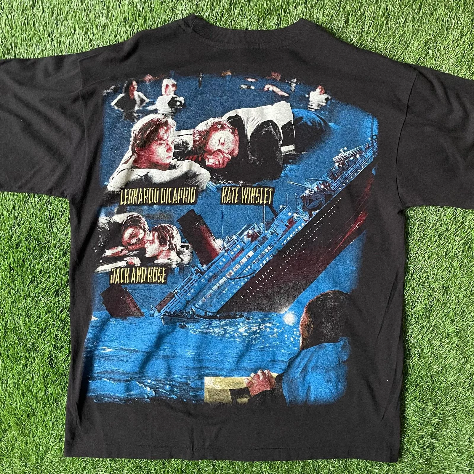 Vintage Short Sleeve T Shirts Vintage Titanic Jack & Rose All Over Tee Black