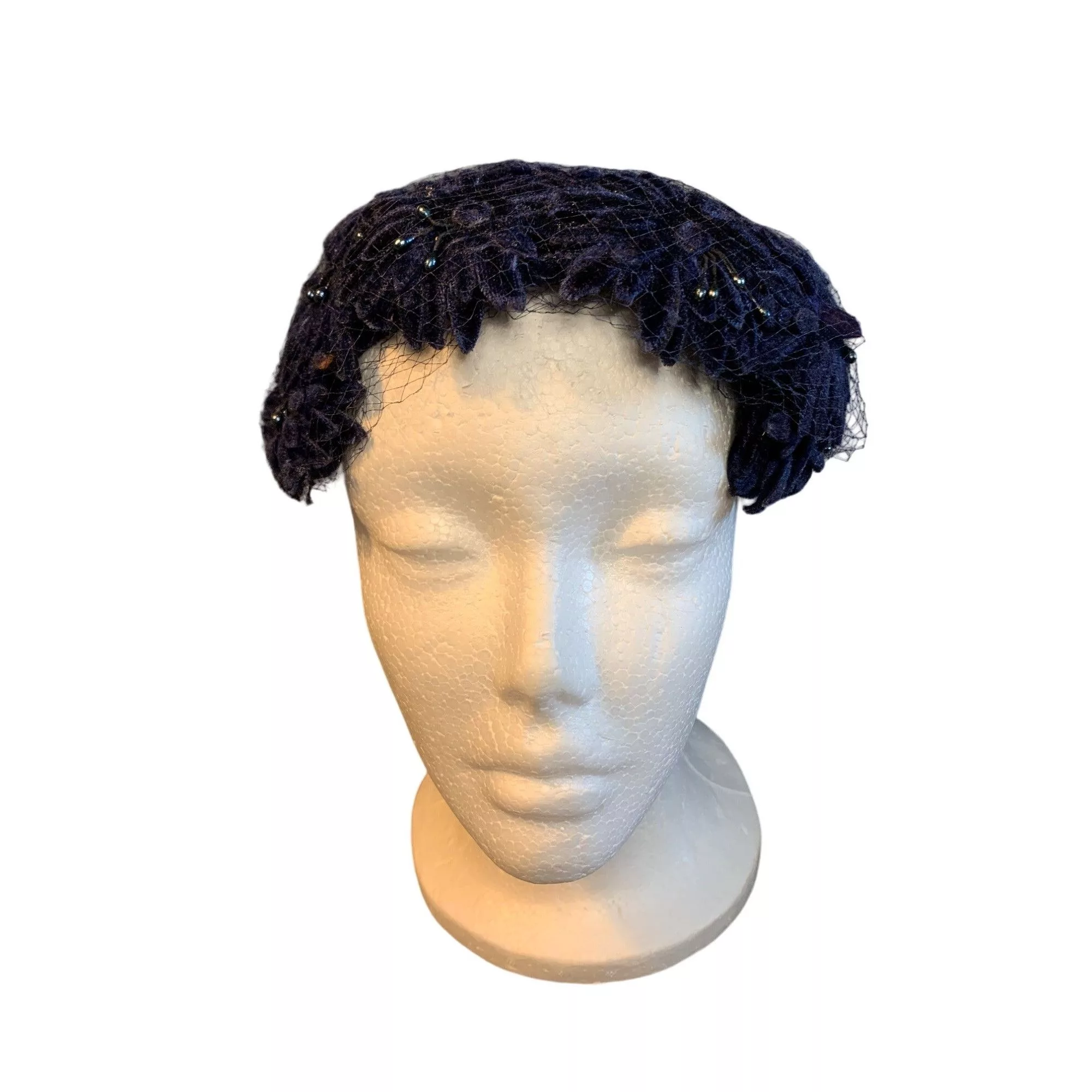 Other Hats Other Ladies Navy Flowers with Velvet Bow Hat Vintage Blue