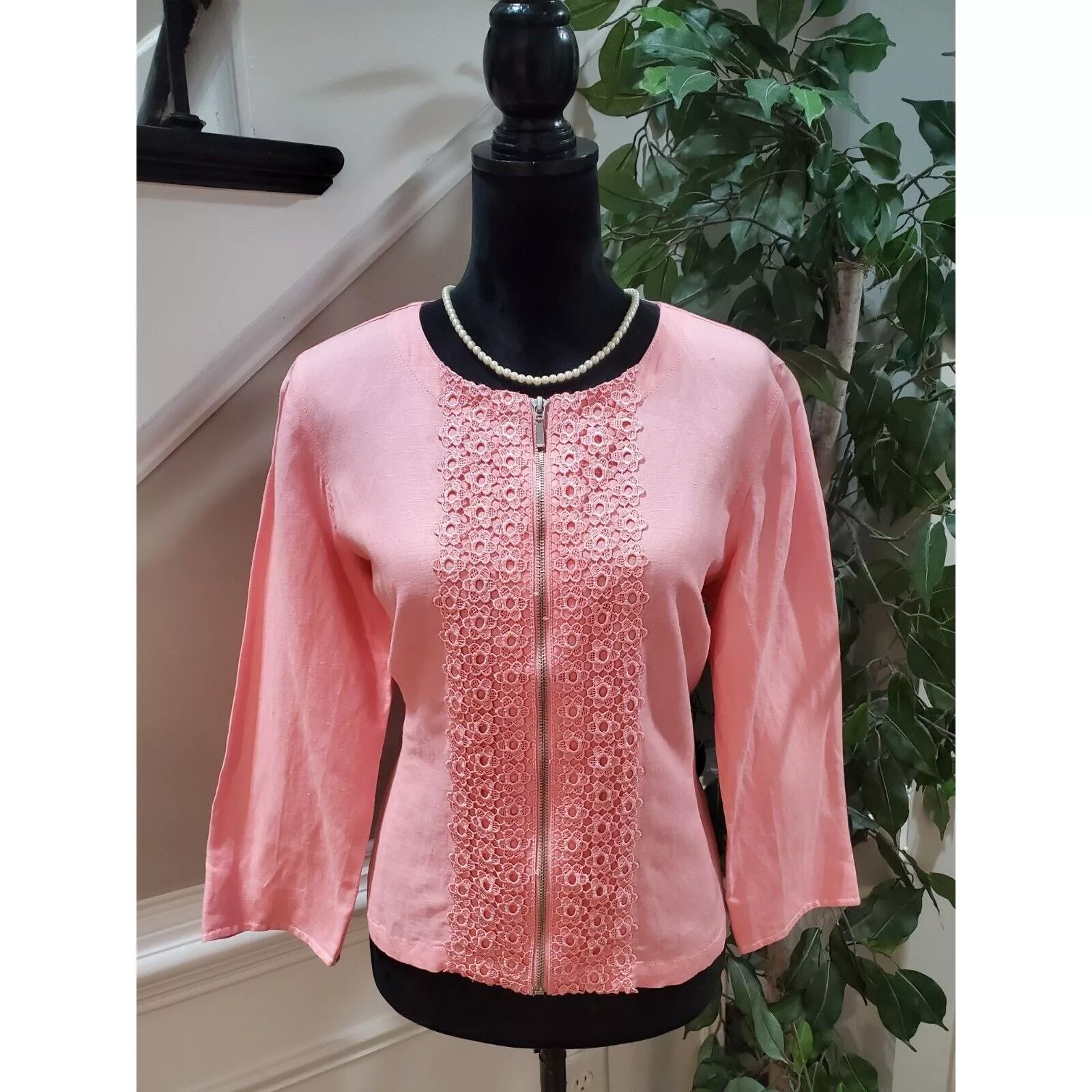Other Jackets Other Ruby Rd. Lace Floral Linen Casual Full Zip Jacket Size 12 Pink