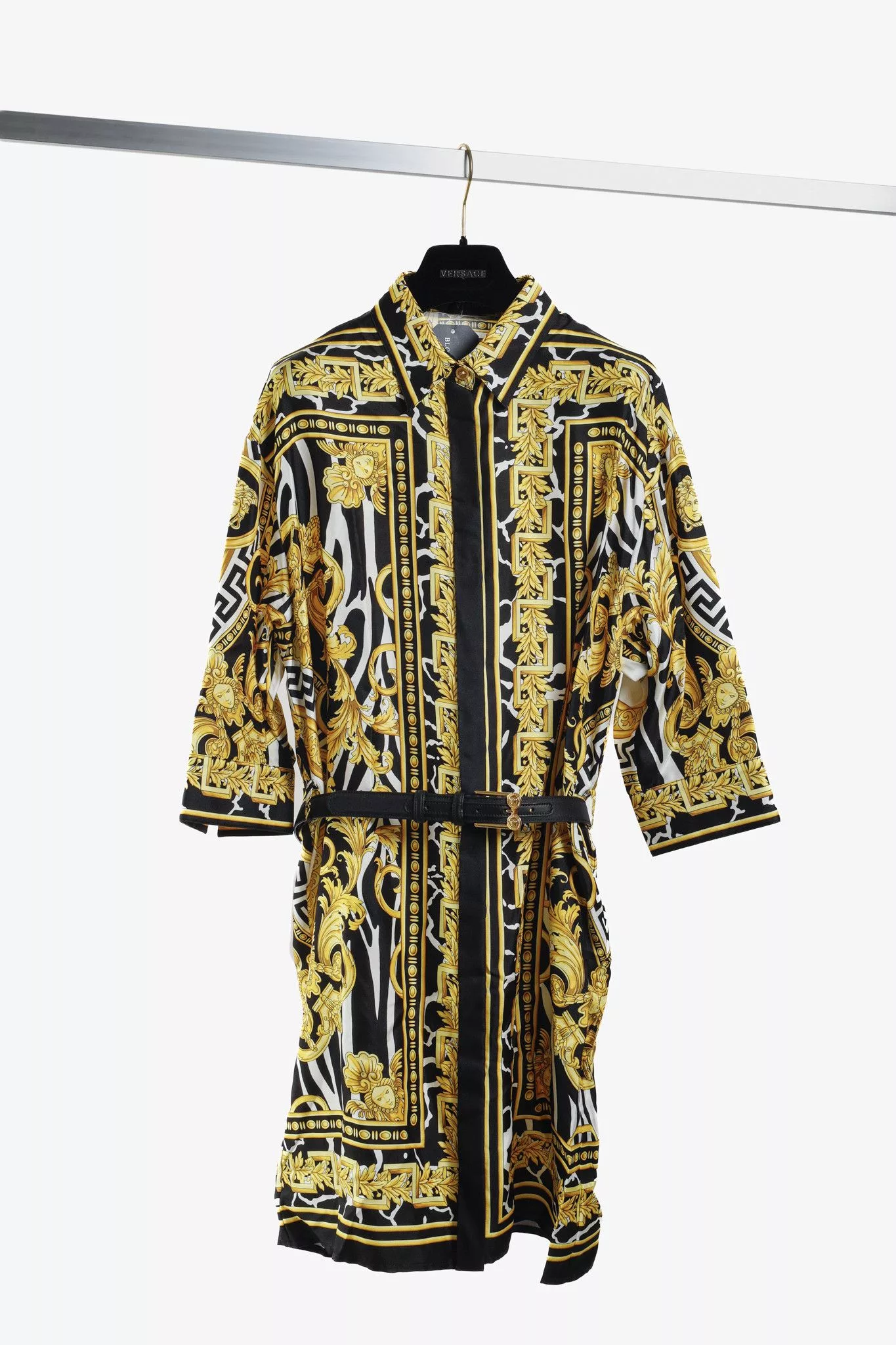 Versace Mini Dresses Versace 2019 Black Gold Baroque Silk Shirt Dress