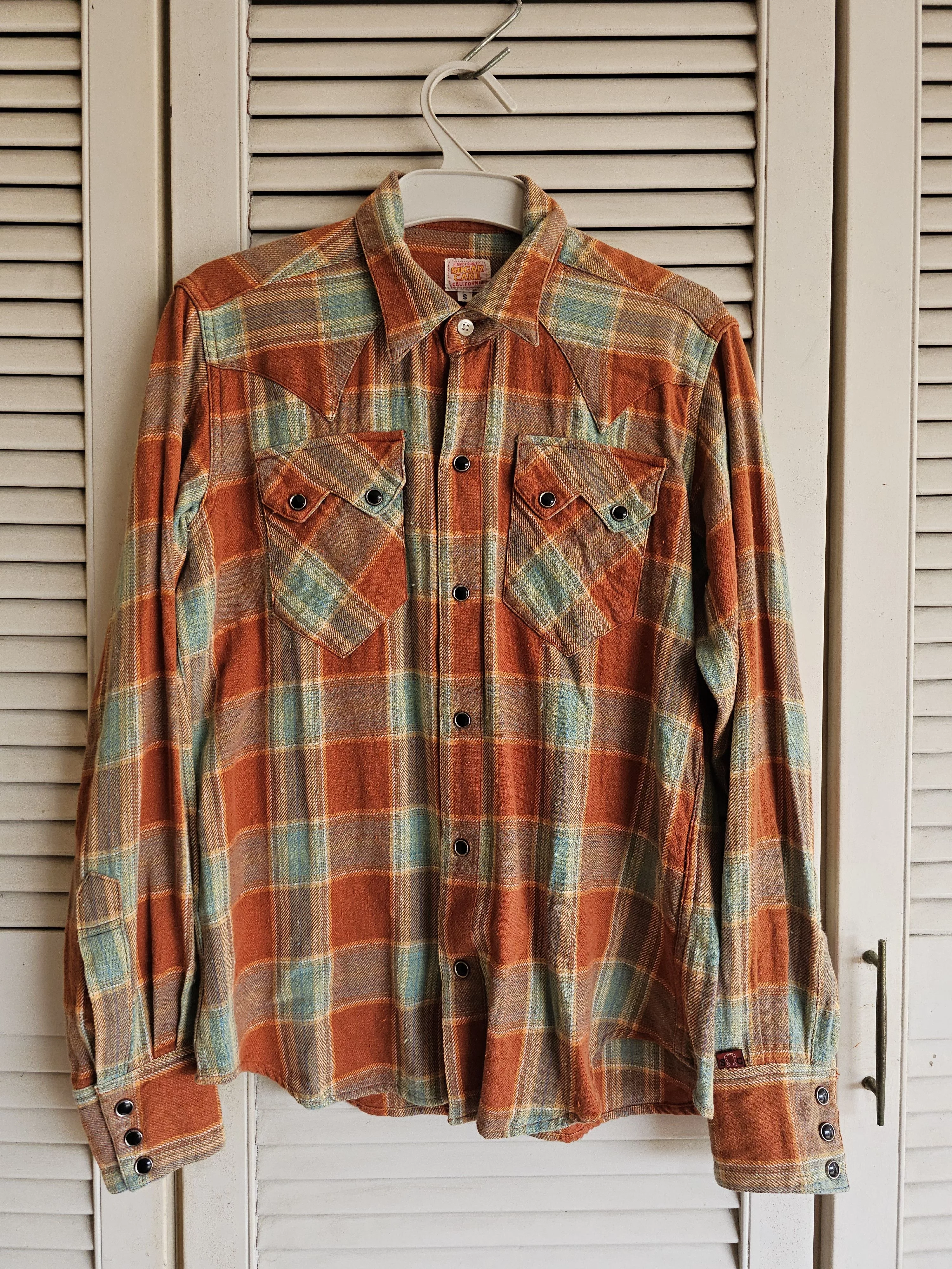 Sugar Cane Shirts Button Ups Sugar Cane Long Sleeve Flannel Orange Brown