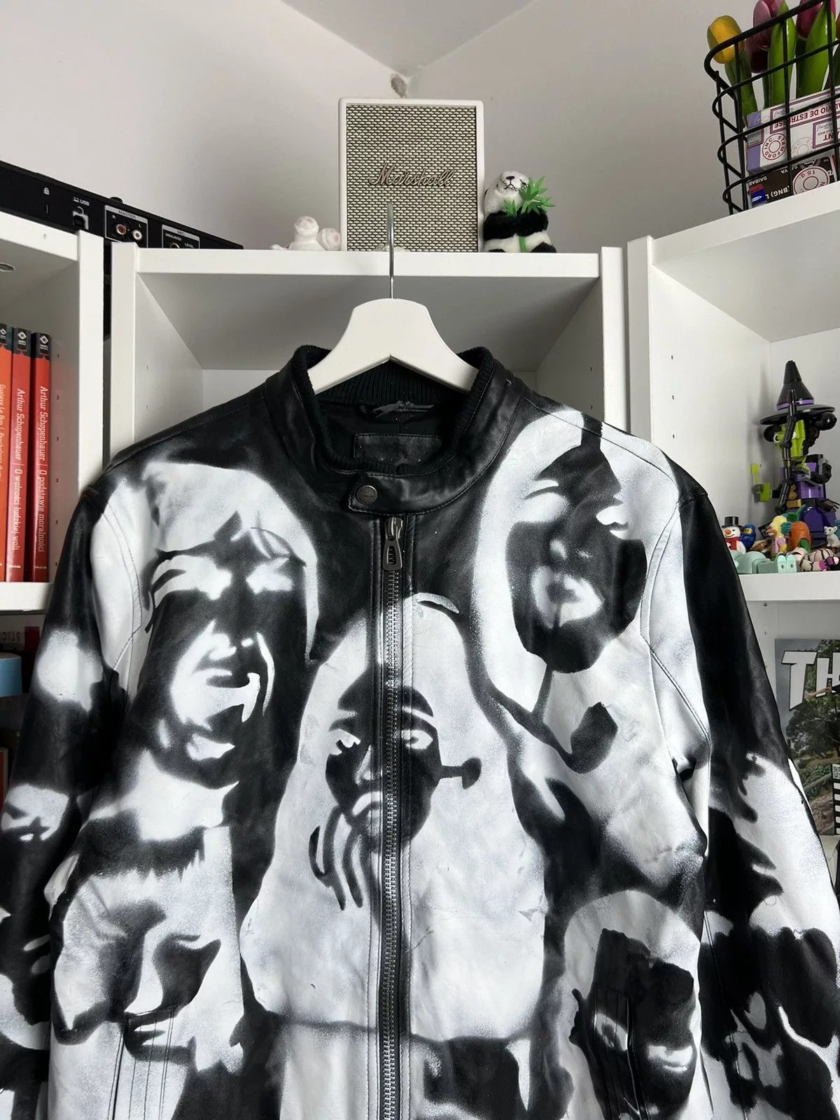 Other Leather Jackets Other Vintage Y2K Custom AOP faces eco leather bomber jacket L 90s Black