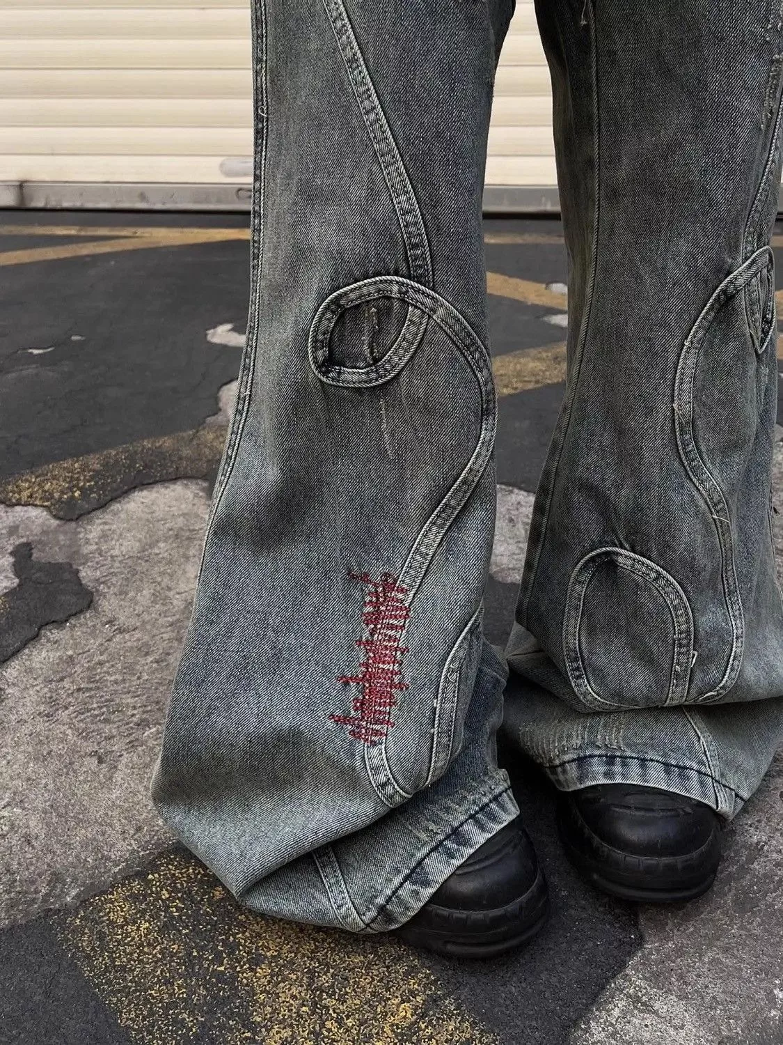 Jean Denim Jean × Vintage Washed Embroidered Micro-flare Jeans Blue