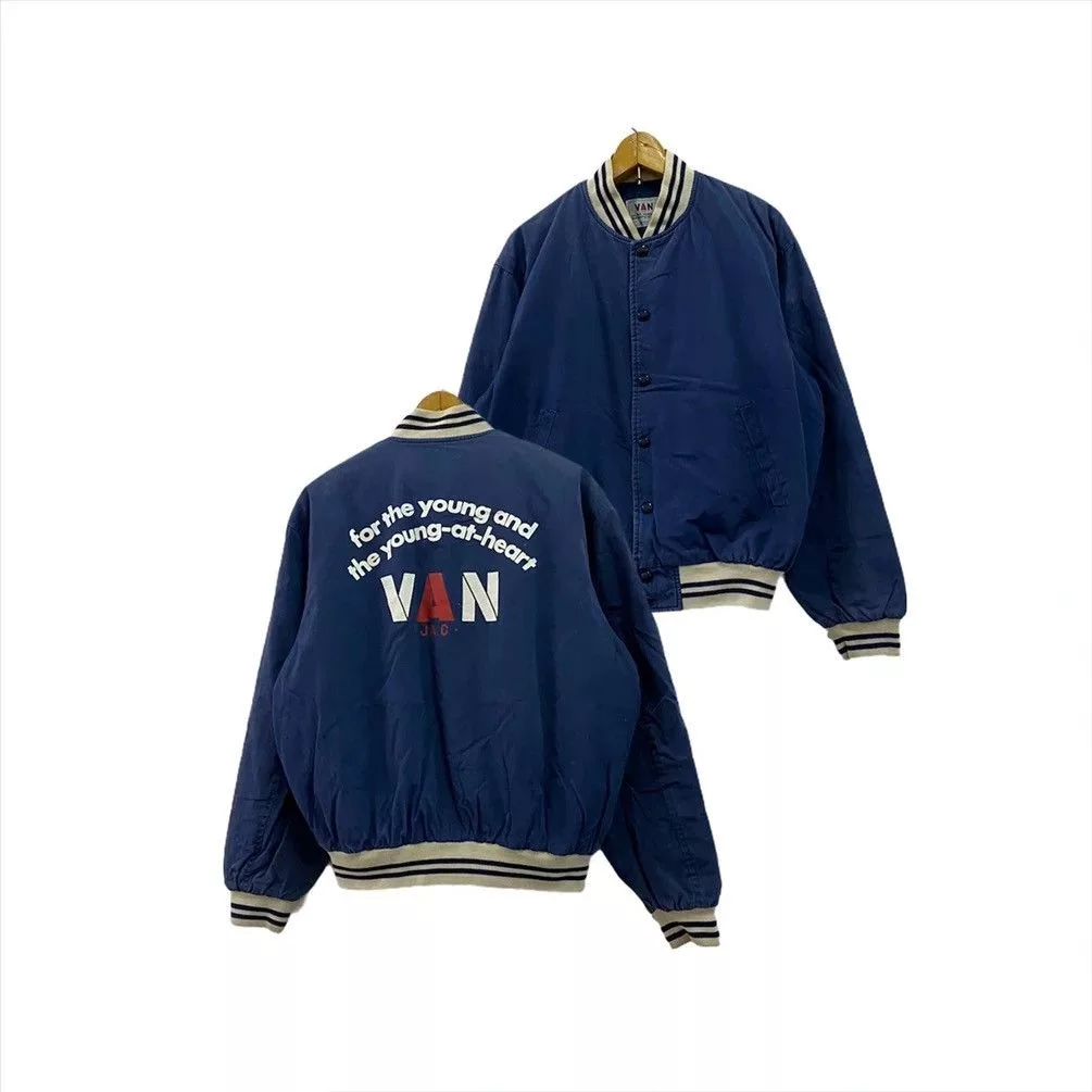 Japanese Brand Bombers Japanese Brand × Vintage FOR THE YOUNG SUN FADDED VAN VARSITY JACKET Blue