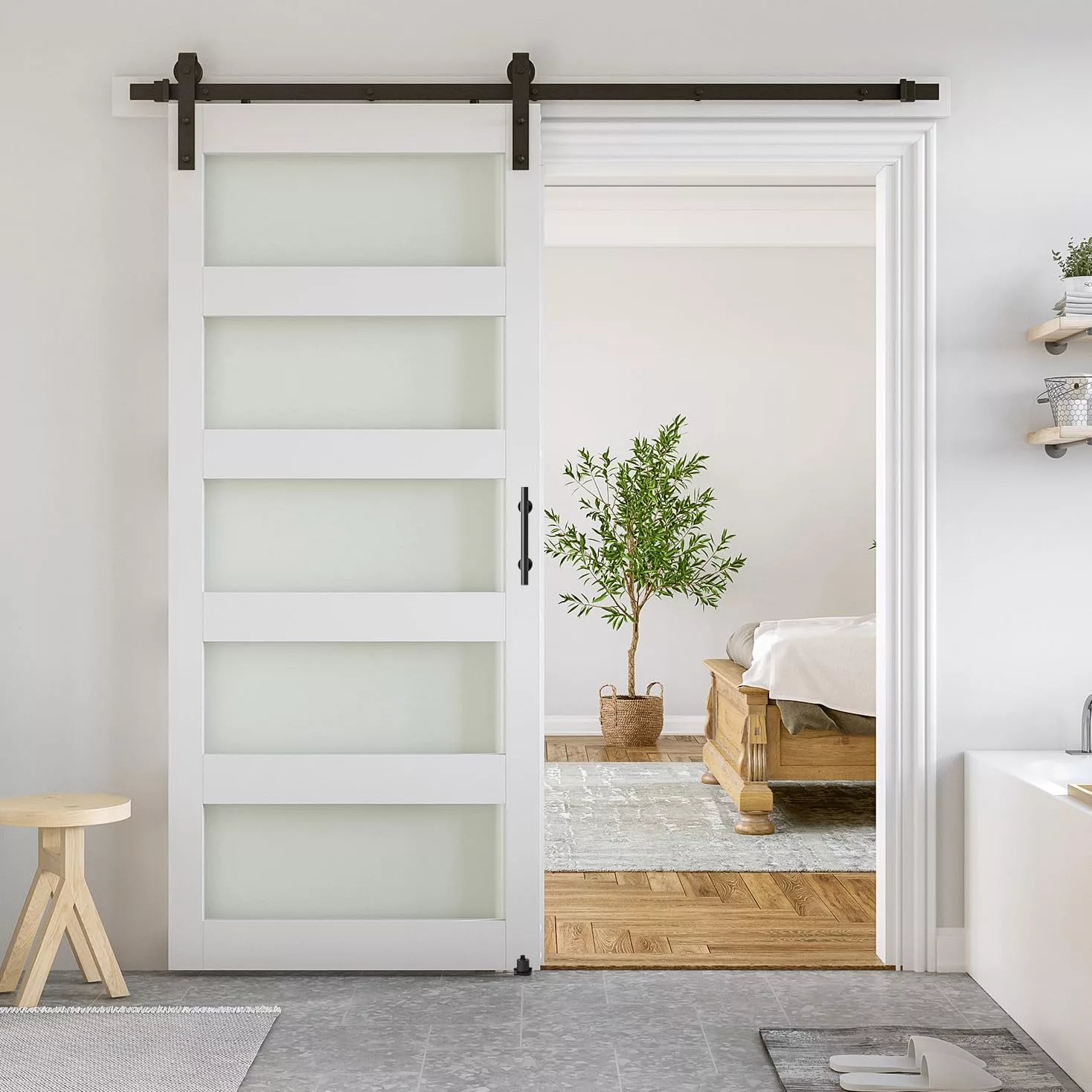 SmartStandard 36x84 in Glass Barn Door with 6.6 ft Sliding Hardware Kit White 5 Panel