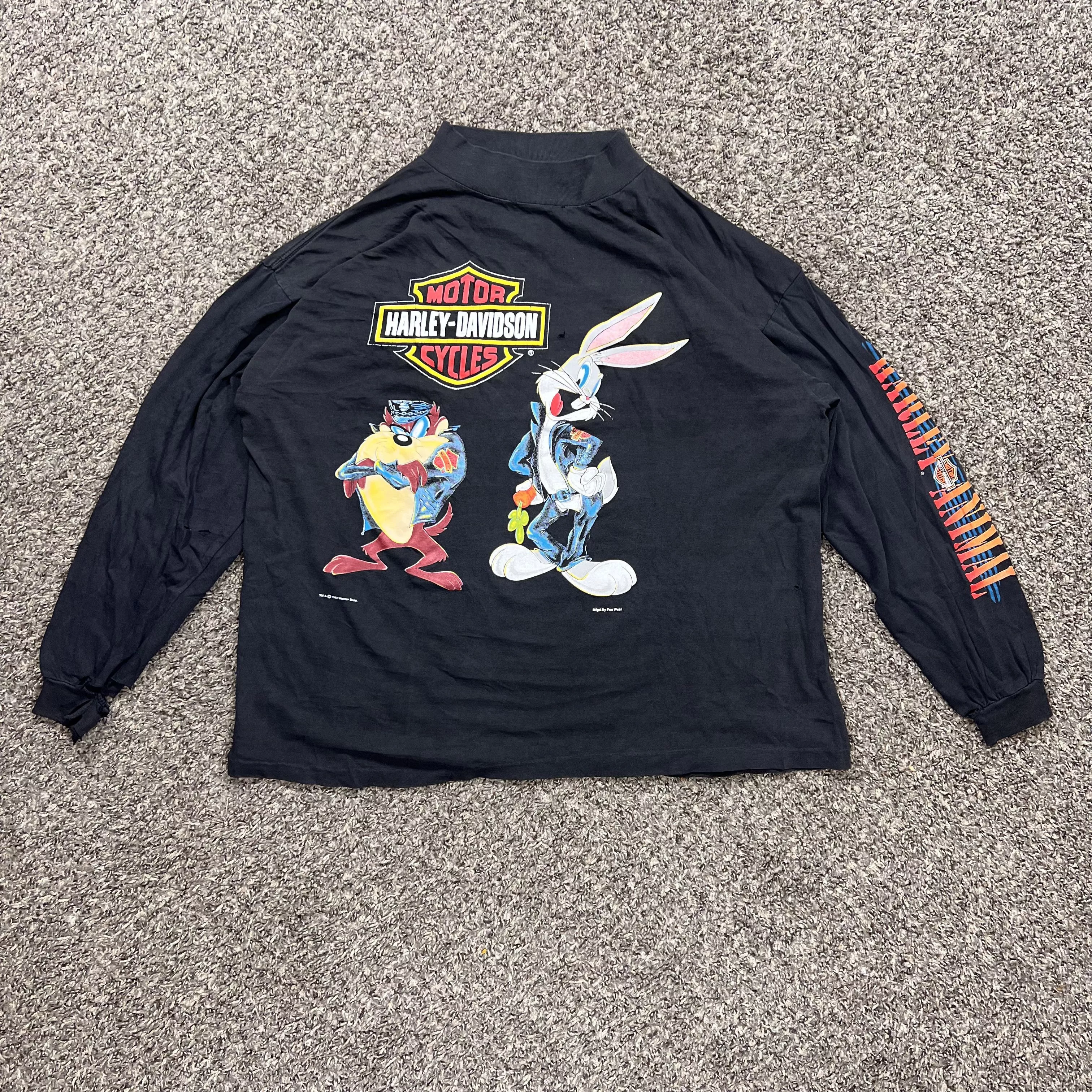 Harley Davidson Long Sleeve T Shirts Harley Davidson × Vintage 1993 Vintage Bugs Bunny and Taz Harley Davidson T Shirt Black