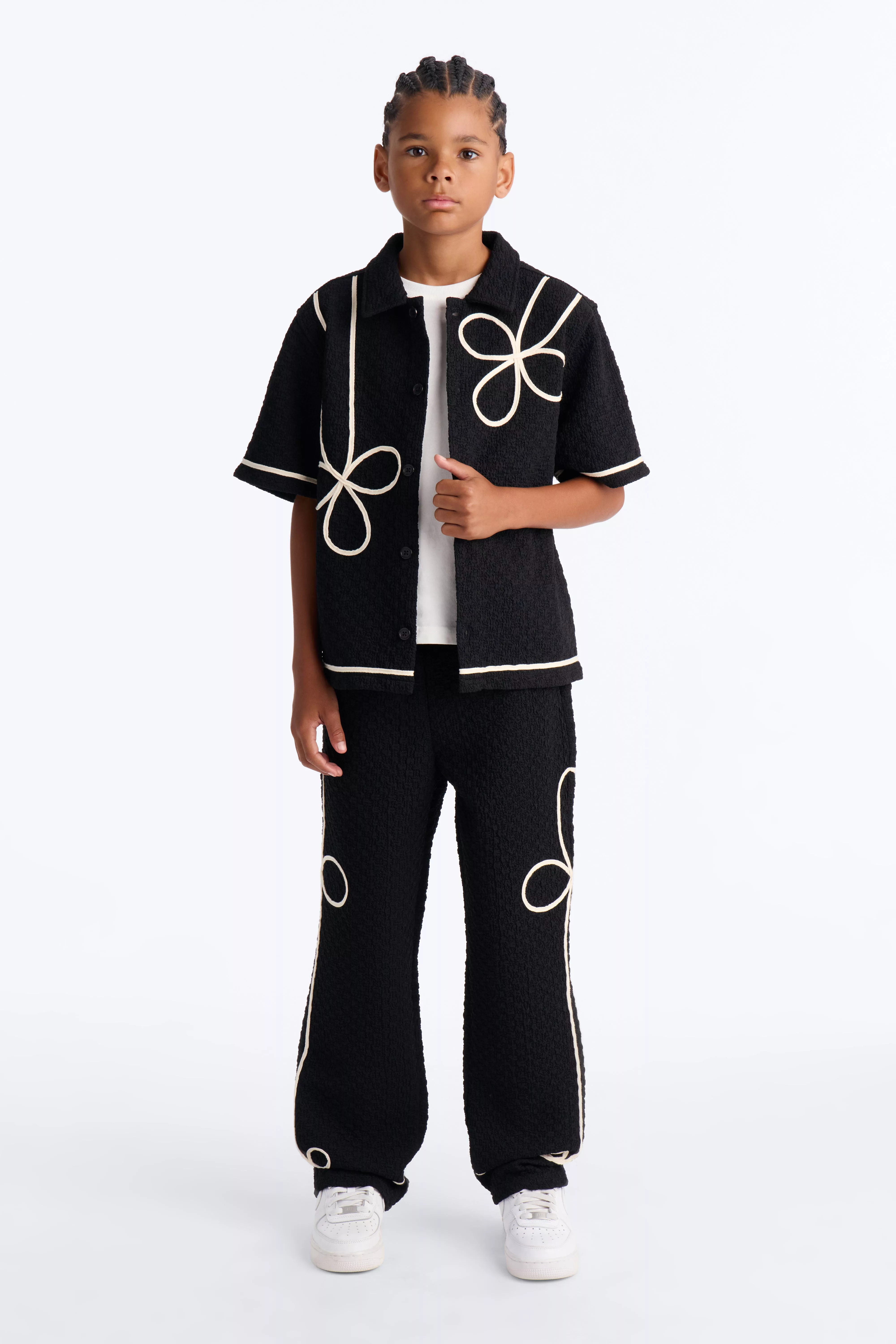 Mini Boxy Soho Weave Applique Textured Button Up Shirt - Black