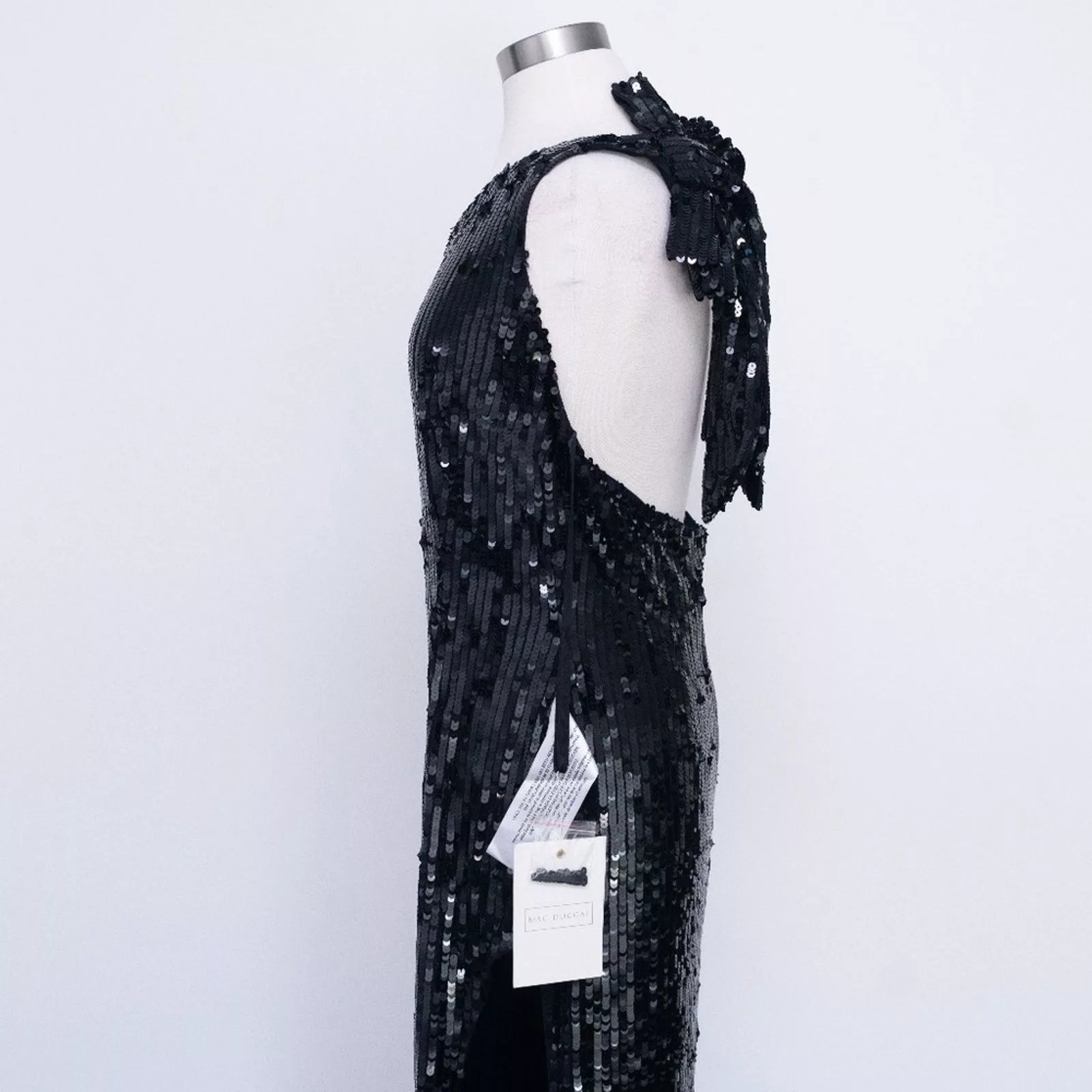 Designer Midi Dresses Designer Mac Duggal. Sequined One Shoulder Back Bow Detail Gown. Black