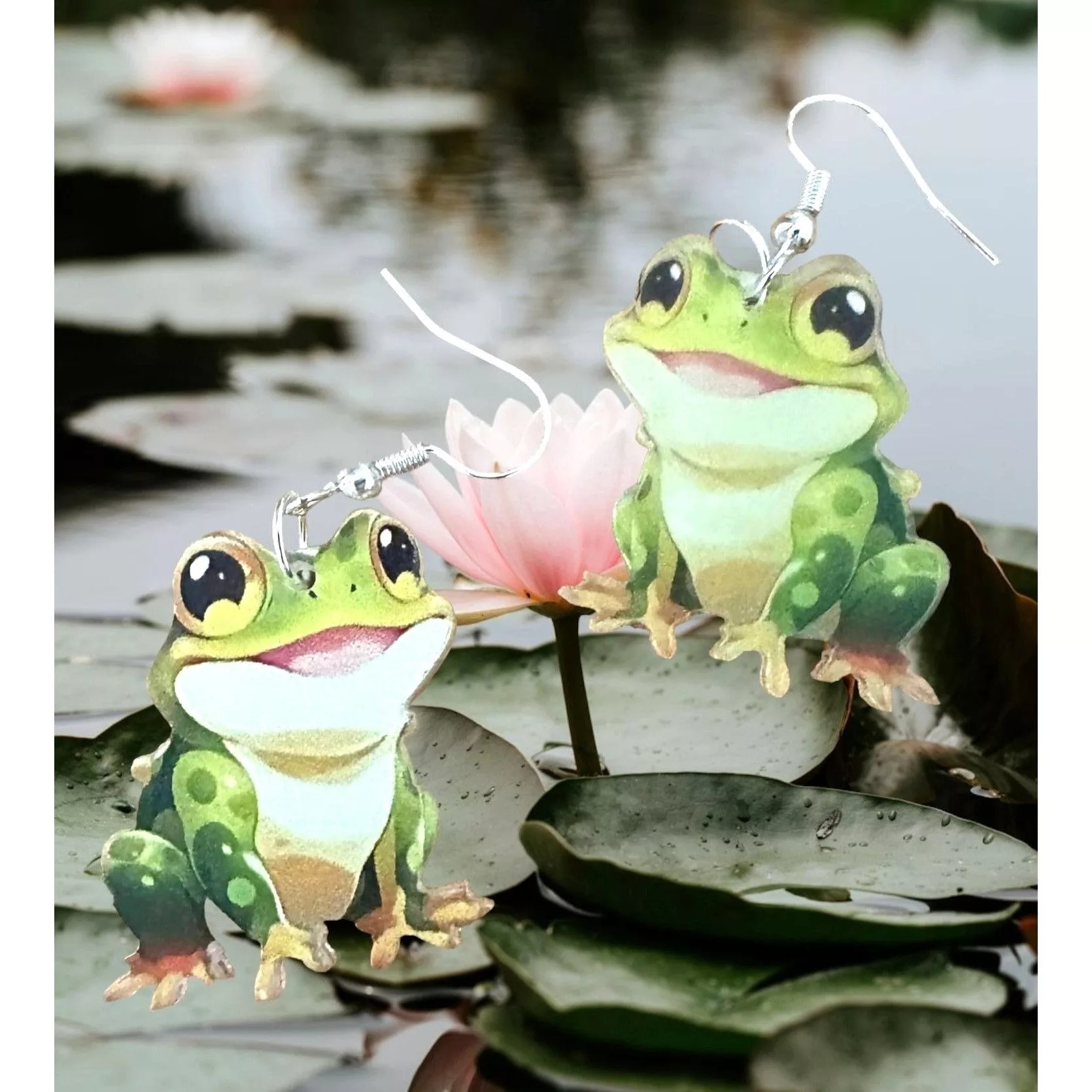 Handmade Earrings Handmade Frog Earrings New Dangle Hooks Green Double Sided Horny Toad Multi Vintage
