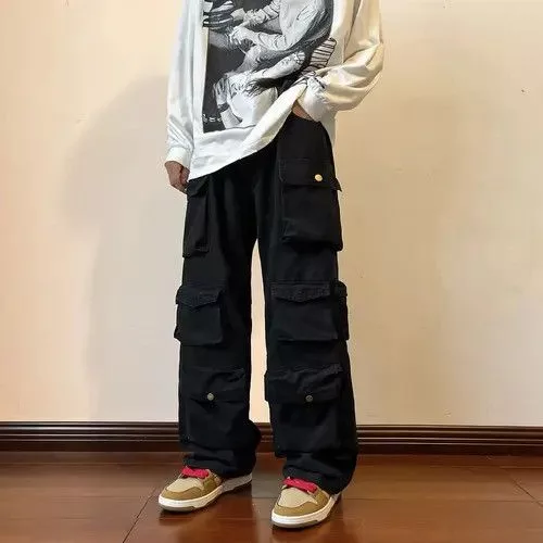 Jean Casual Pants Jean Cargo Pants Multi-pockets Black Avant-Garde