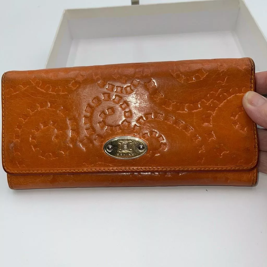 Celine Wallets CELINE RARE Embossed Macadam Long Leather Wallet with full inclusion Orange
