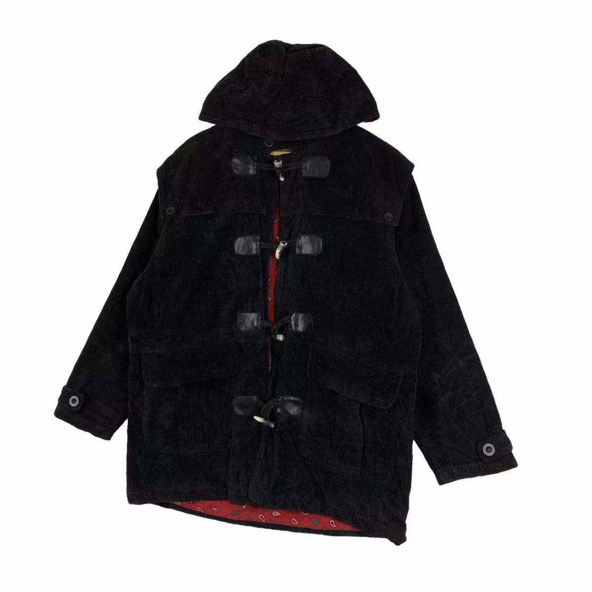 Vintage Heavy Coats Vintage HOUSTON Coduroy Toggle Button Hoodie Long Jacket Black