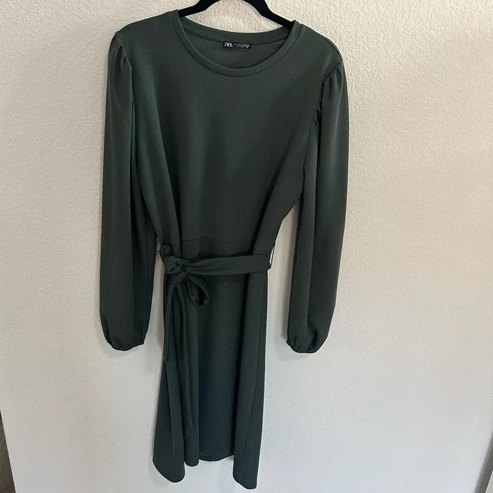 Zara Midi Dresses Zara Hunter Green Long Balloon Sleeve Midi Dress Large