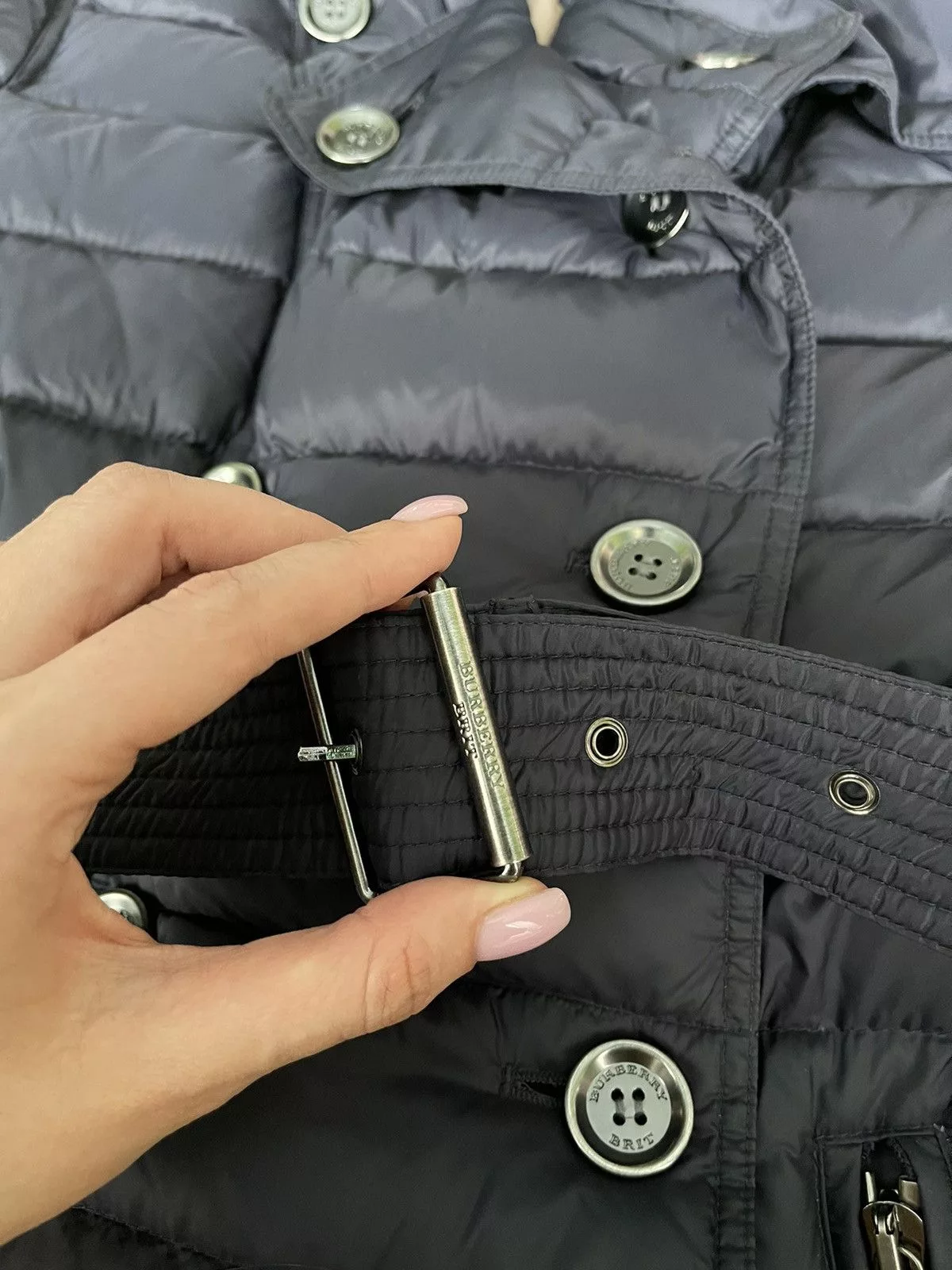 Burberry Down Jackets Burberry × Designer Burberry Brit belted down puffer jacket Blue Luxury
