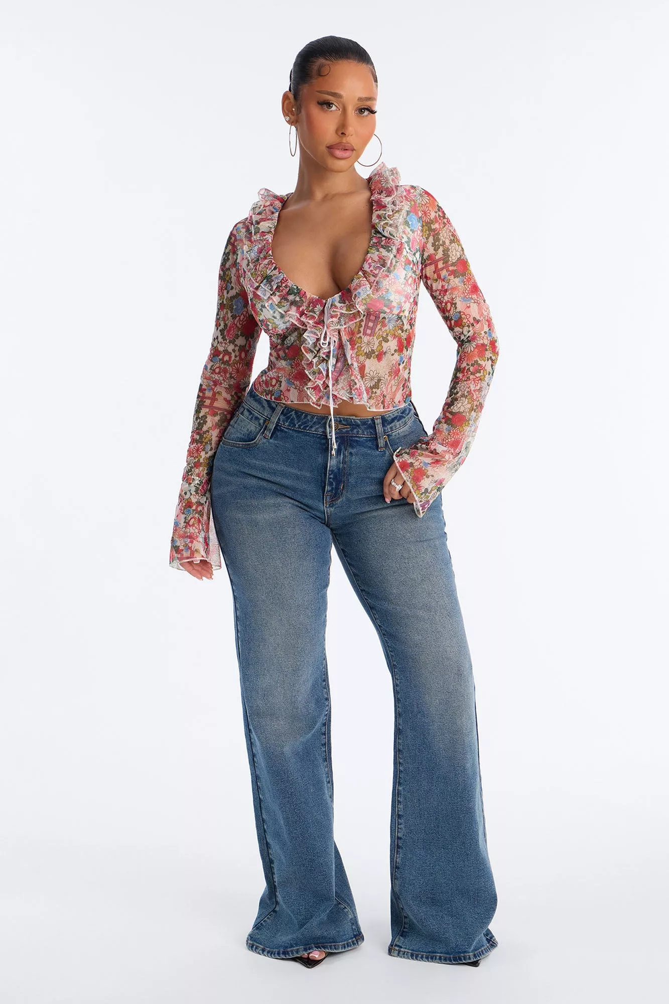 Alexa Ruffle Floral Mesh Long Sleeve Top - Multi Color