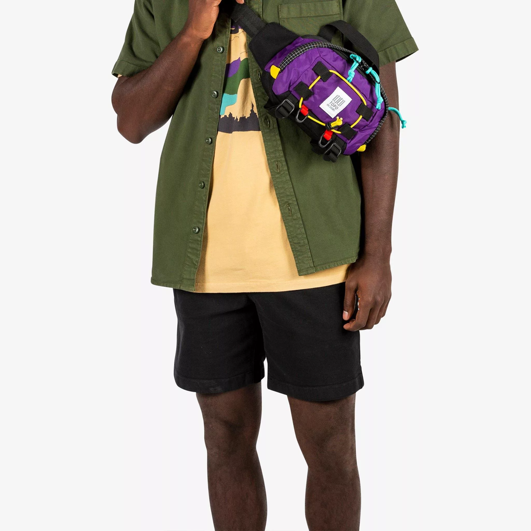 Topo Designs Men's drawstring Dirt Shorts in Black on model.