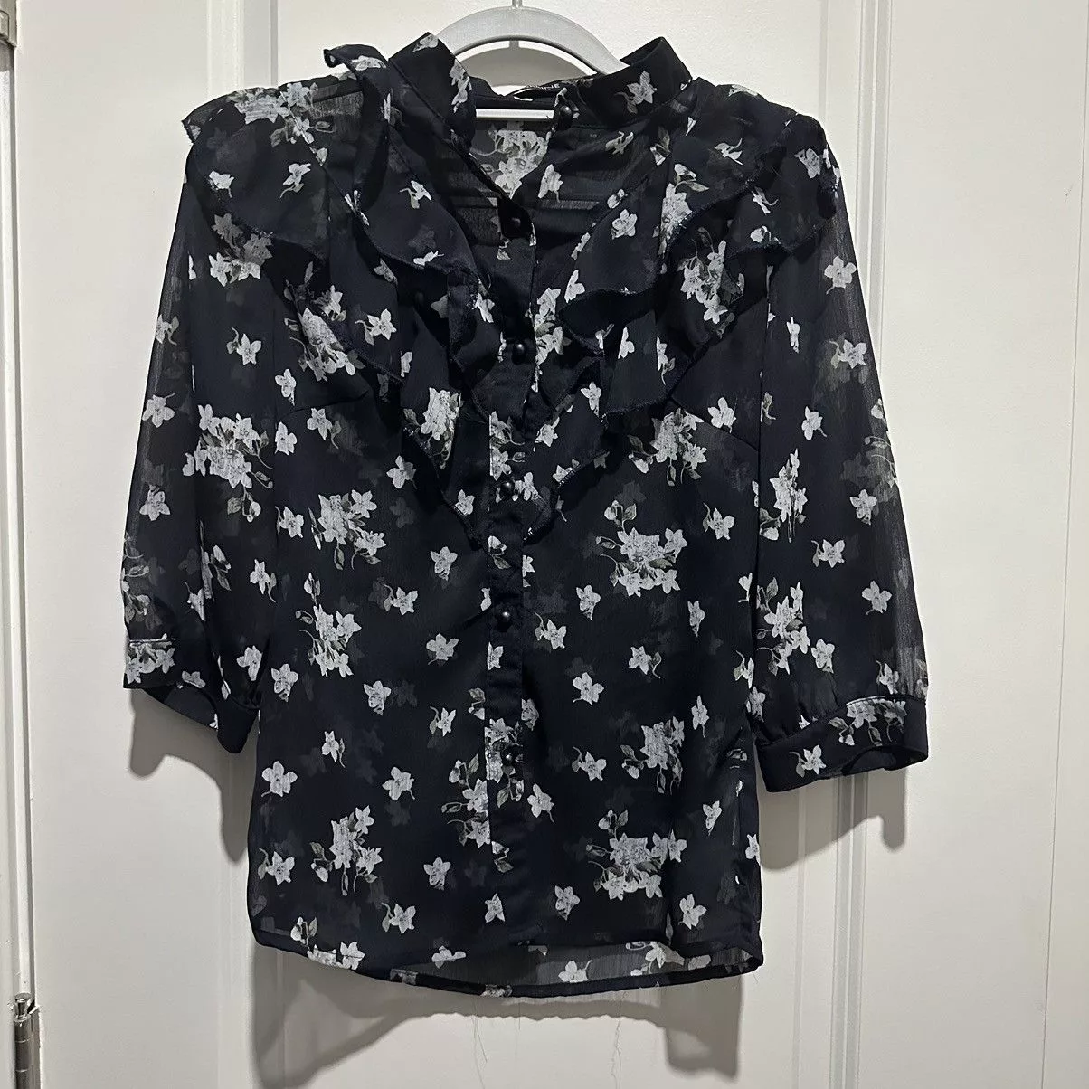 Other Blouses Other Adeline Los Angeles ruffled collar floral sheer blouse Blue