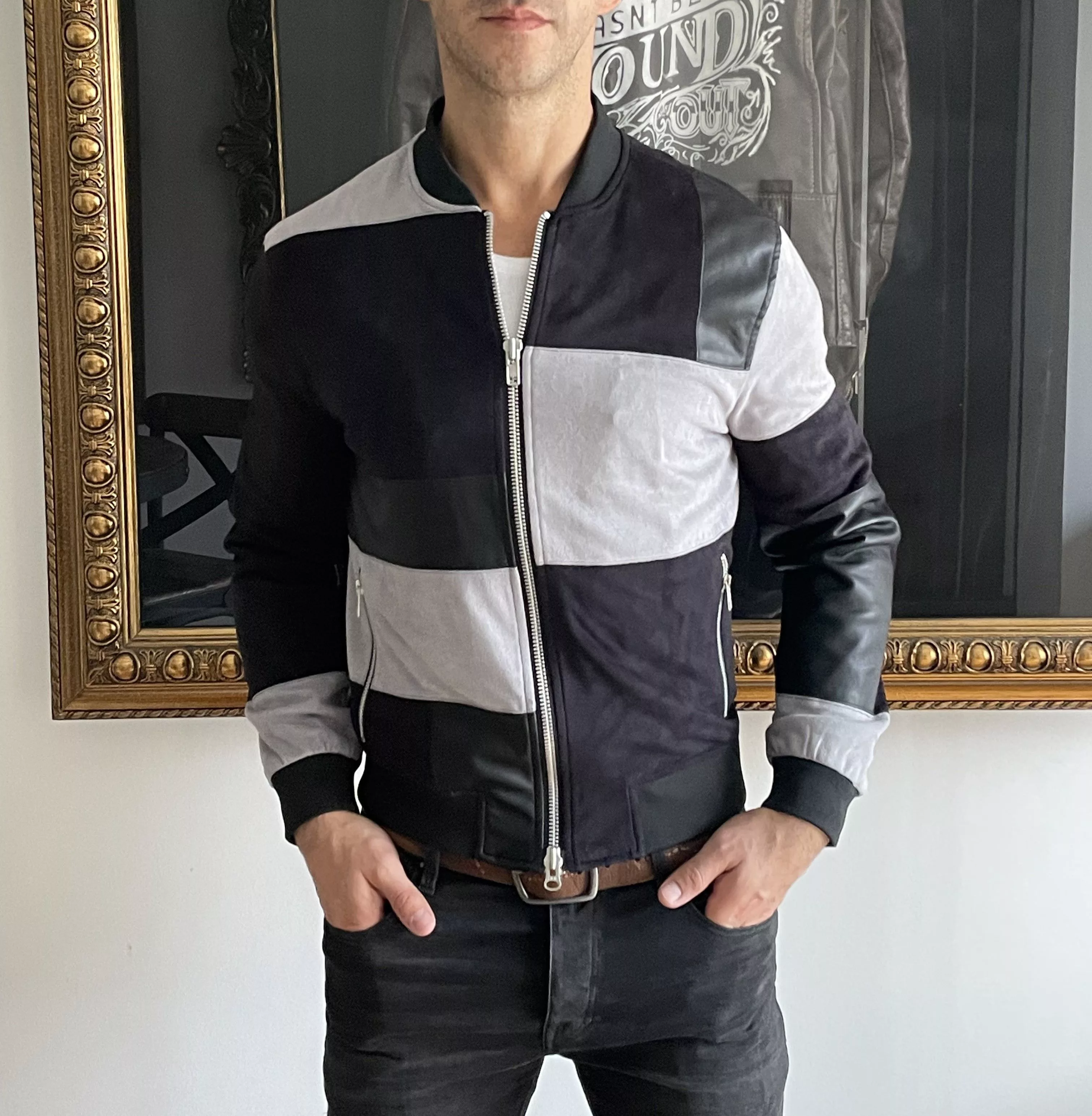 Other Leather Jackets Other Patchwork Leather Suede Black Grey Bomber Jacket Sandro