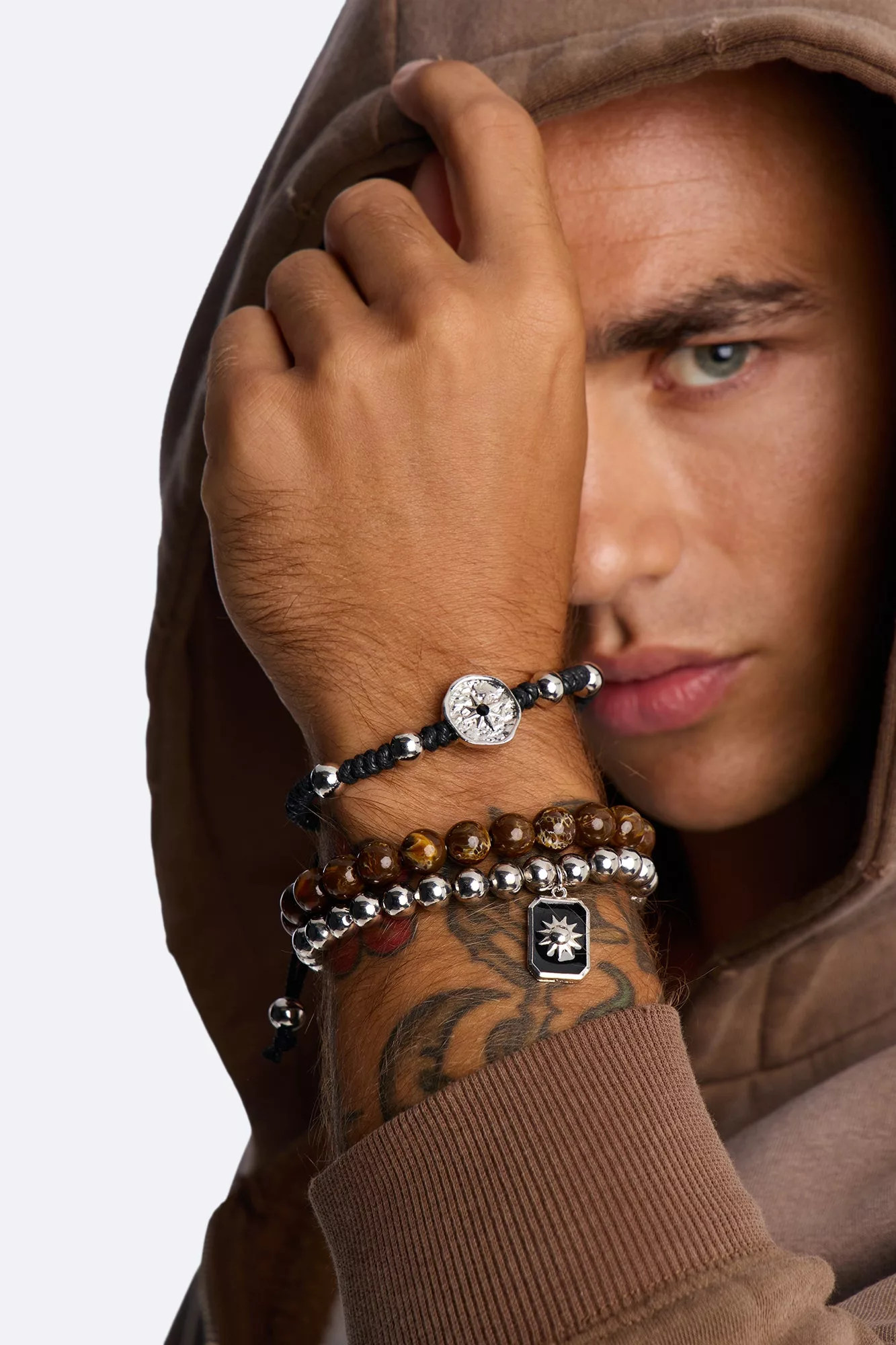 Compass Beaded Bracelet Set - Silver