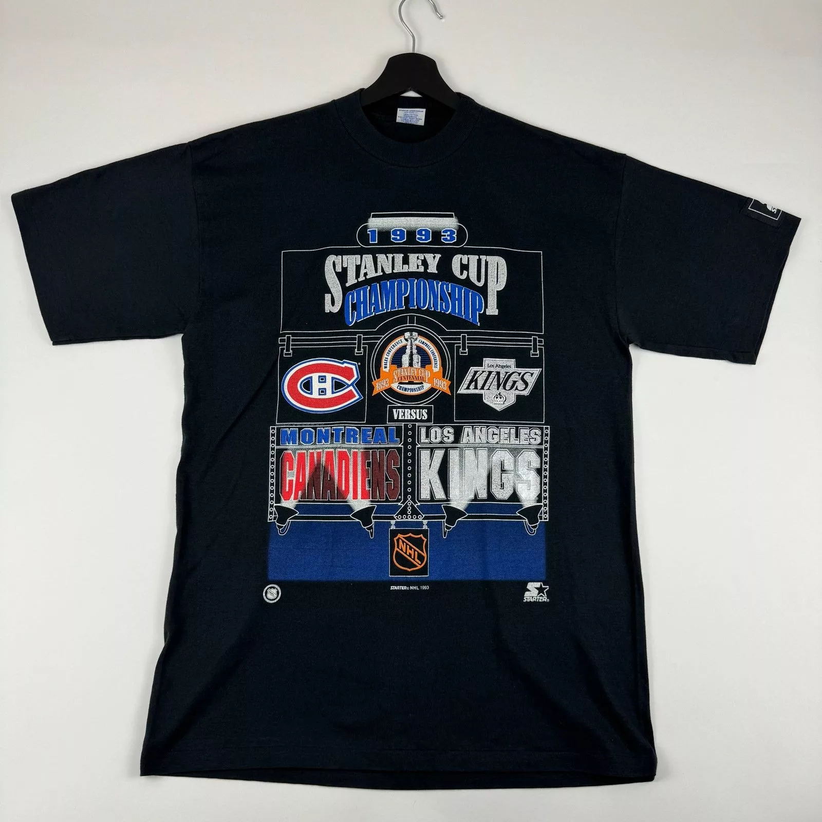 Starter Short Sleeve T Shirts Starter VINTAGE 1993 STANDLEY CUP CHAMPIONSHIP MONTREAL L A. KINGS Black