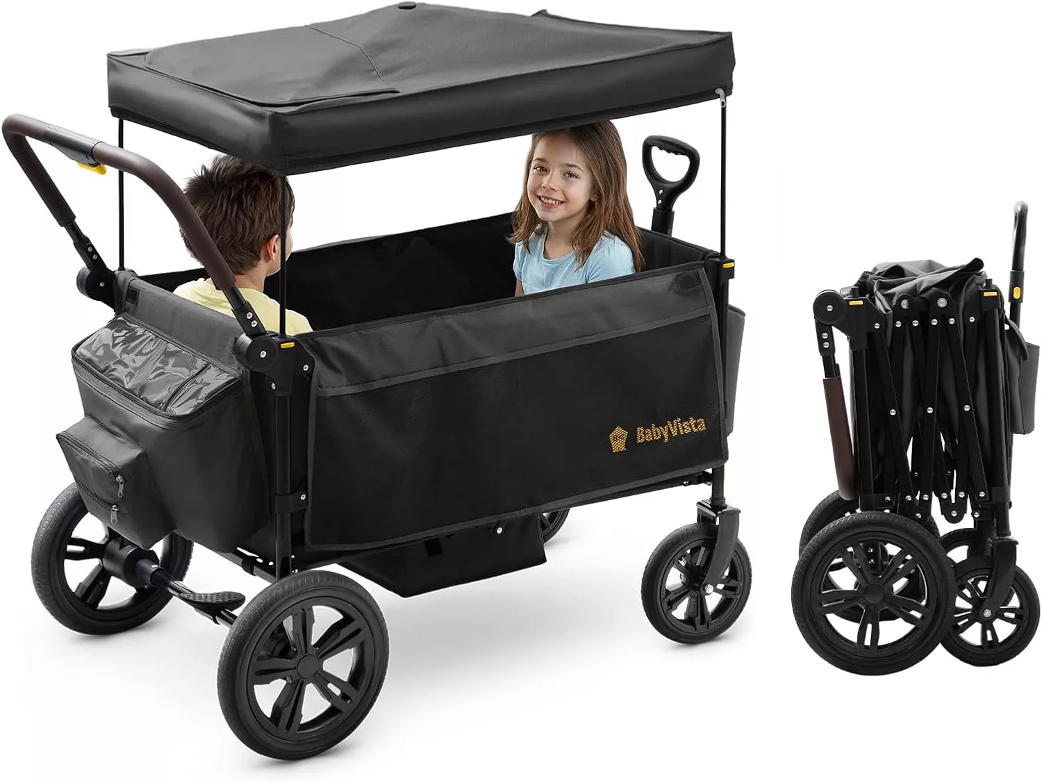 Kids Stroller Wagon with Adjustable Push Pull Handle All Terrain Wheels Canopy and Storage