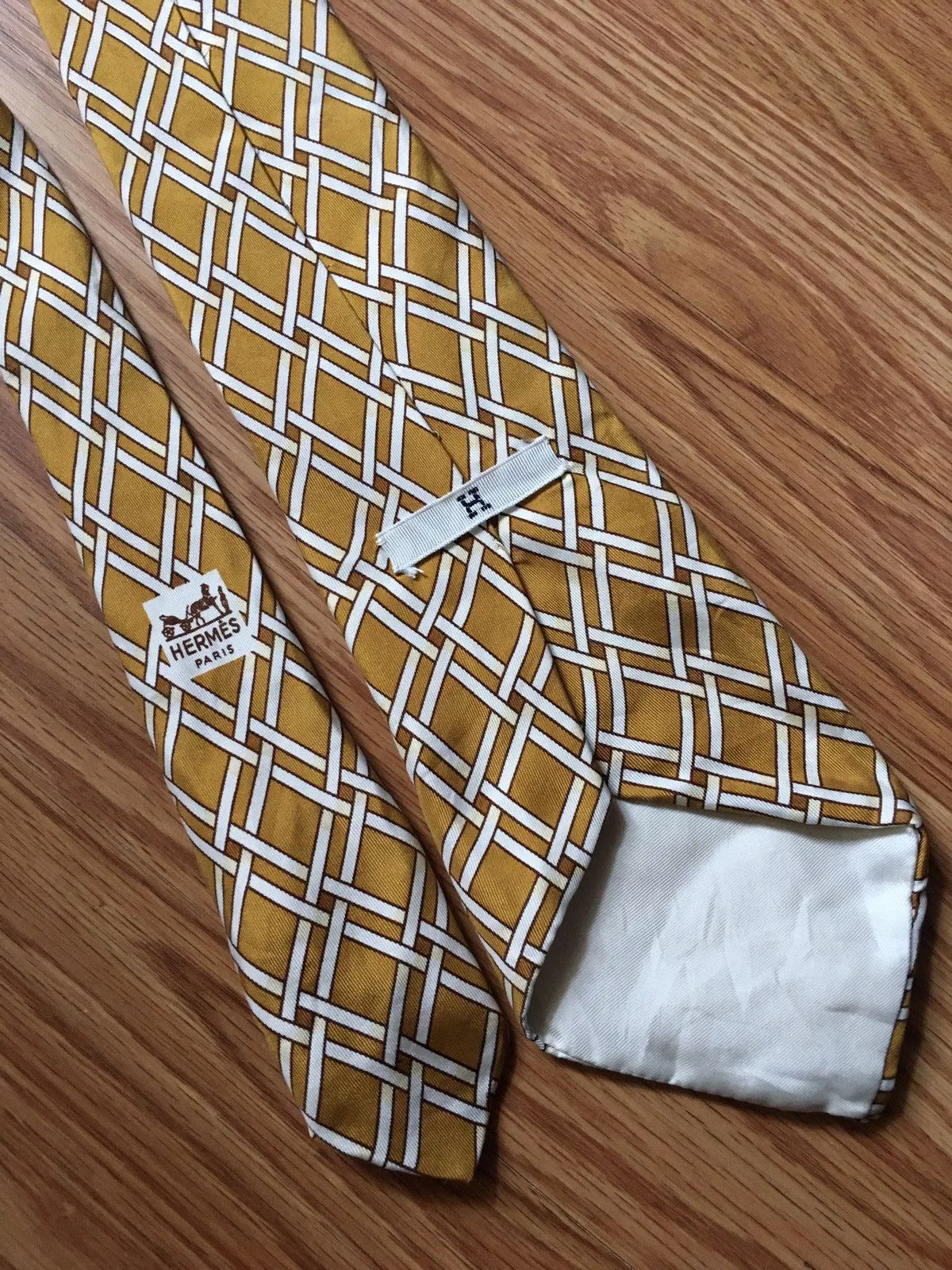 Hermes Ties Pocketsquares Hermes × Vintage HERMES Paris Vintage Rhombus Pattern 363 EA Silk Mens Tie Gold
