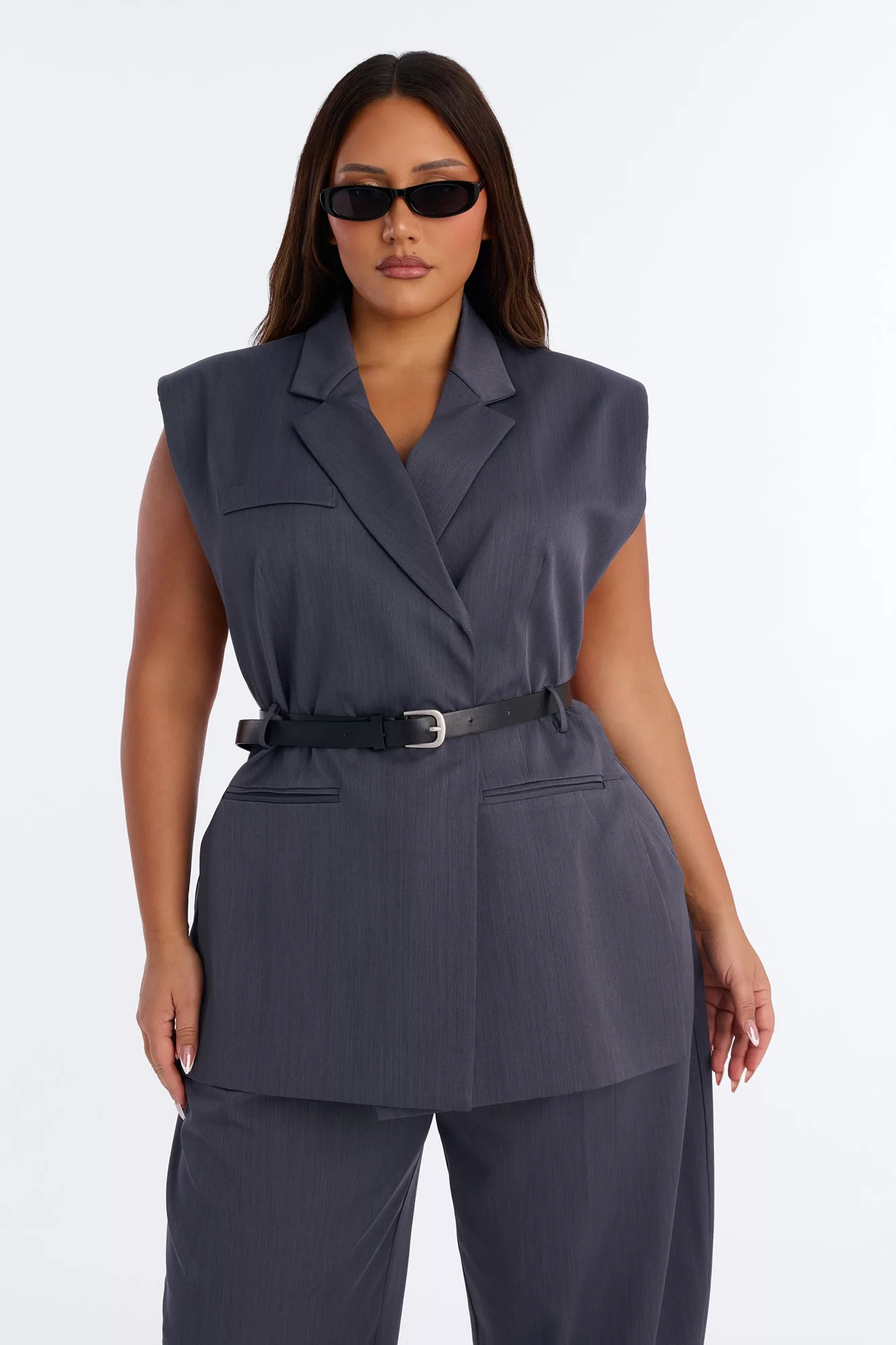 Willow Sleeveless Belted Blazer - Charcoal