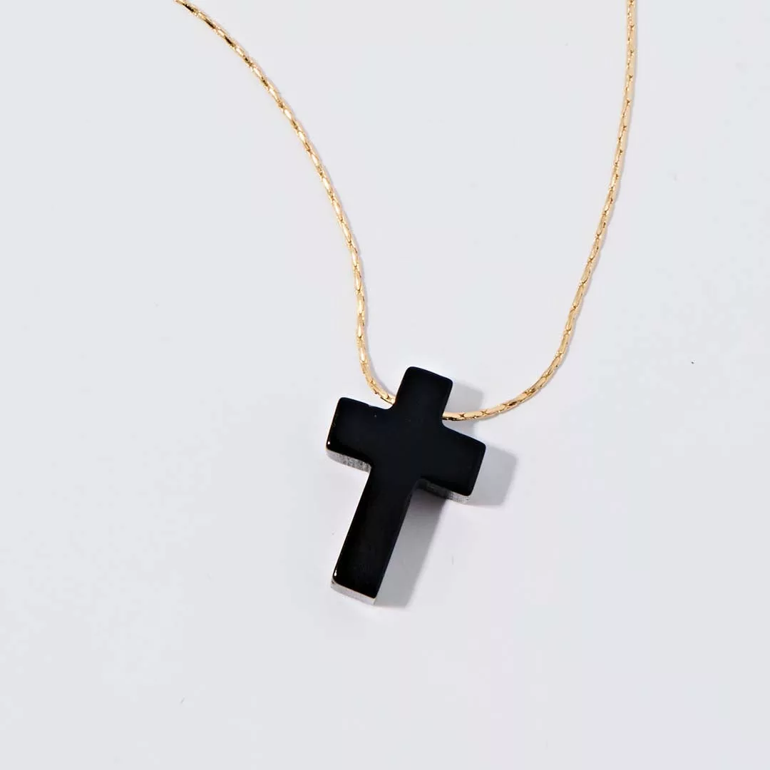 &LIVY Onyx Cross Expandable Necklace in finely finished gold featuring polished black onyx cross pendant on delicate expandable slider chain